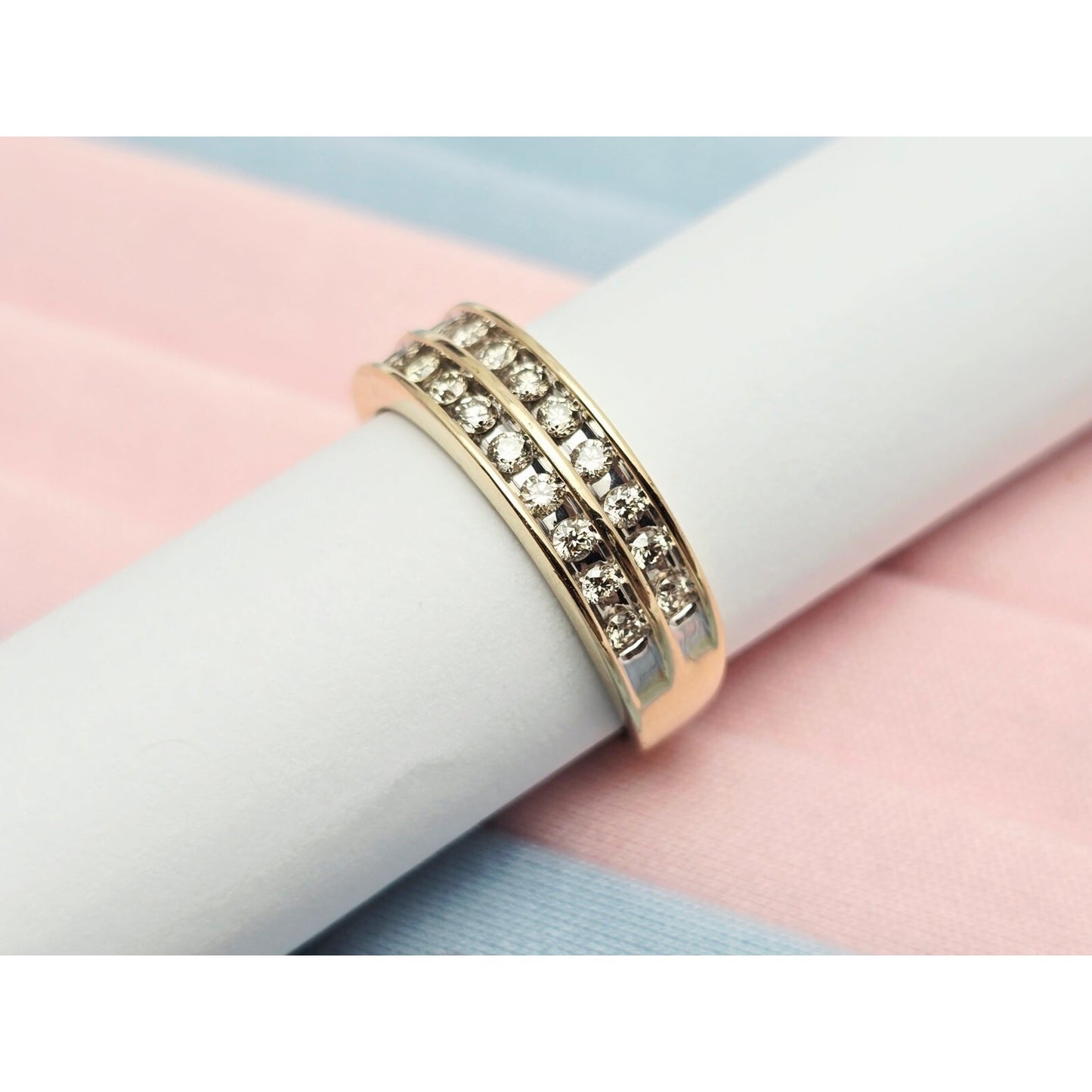 14K Yellow Gold Double Row Diamond Wedding Band Ring
