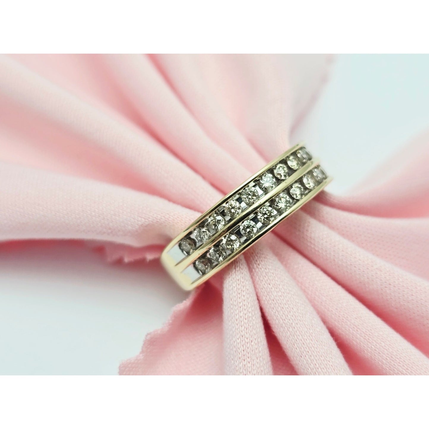 14K Yellow Gold Double Row Diamond Wedding Band Ring