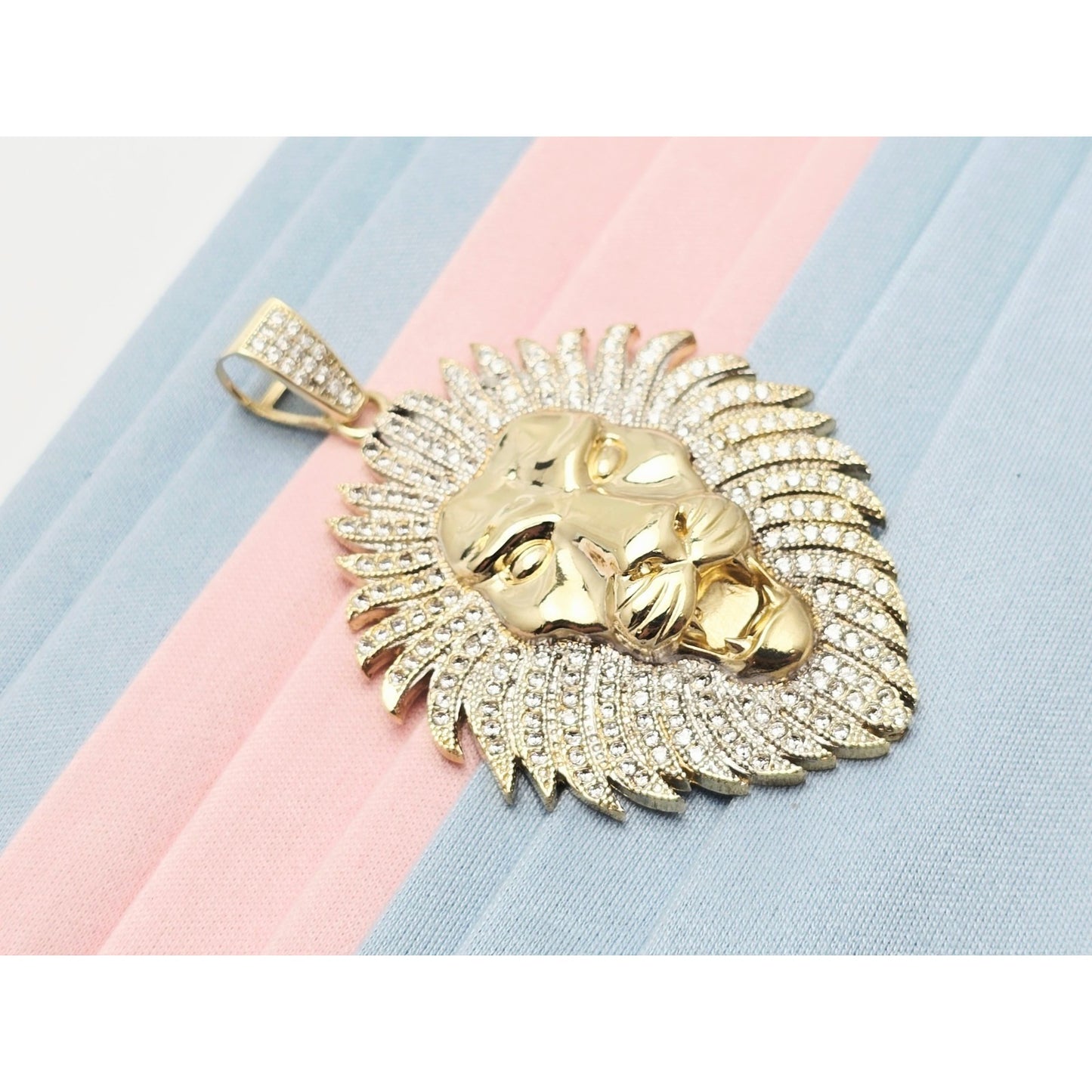 Large 10K Yellow Gold 3D Lion Head CZ Charm Pendant