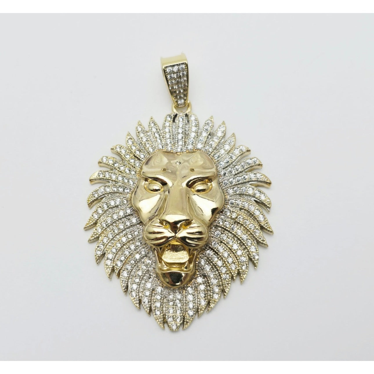 Large 10K Yellow Gold 3D Lion Head CZ Charm Pendant