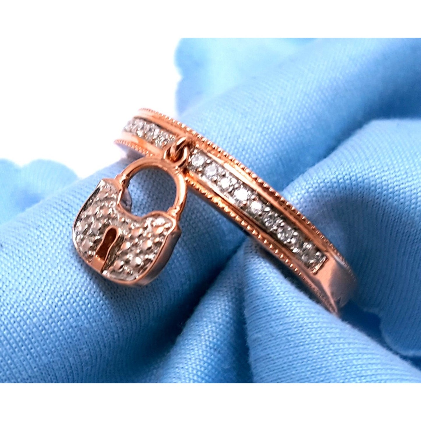 14K Rose Gold Diamond Band Ring w/ Hanging Lock Charm