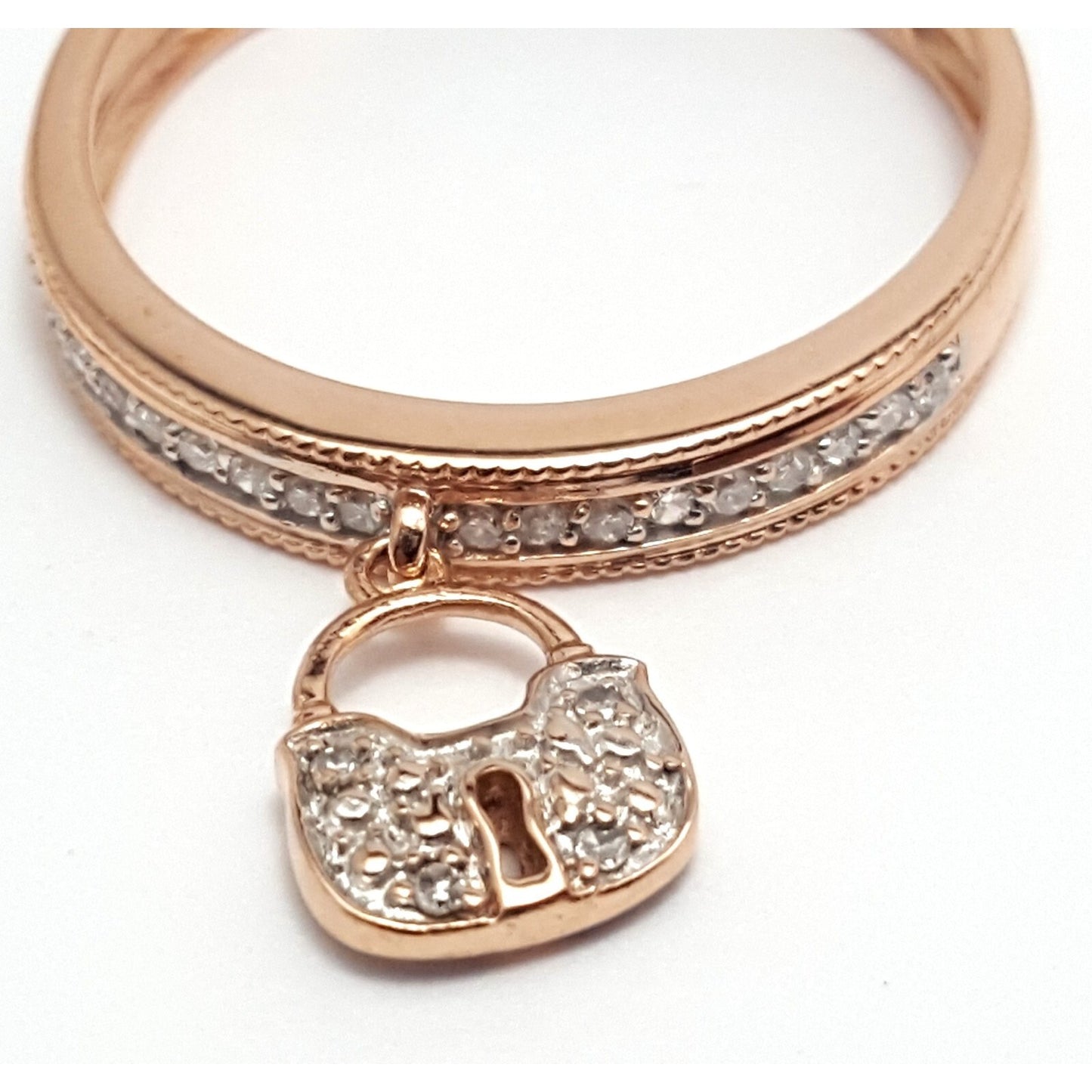 14K Rose Gold Diamond Band Ring w/ Hanging Lock Charm