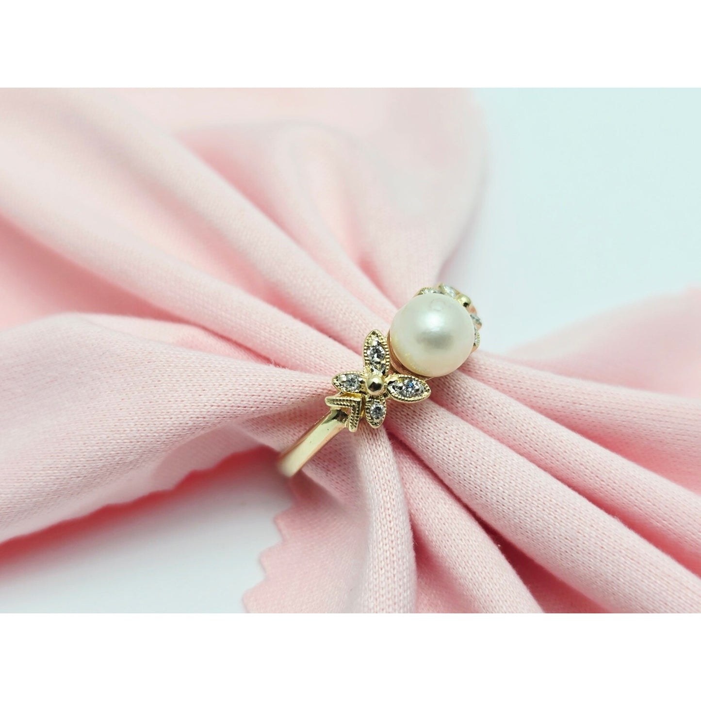 14K Yellow Gold Pearl & Diamond Butterfly Ring