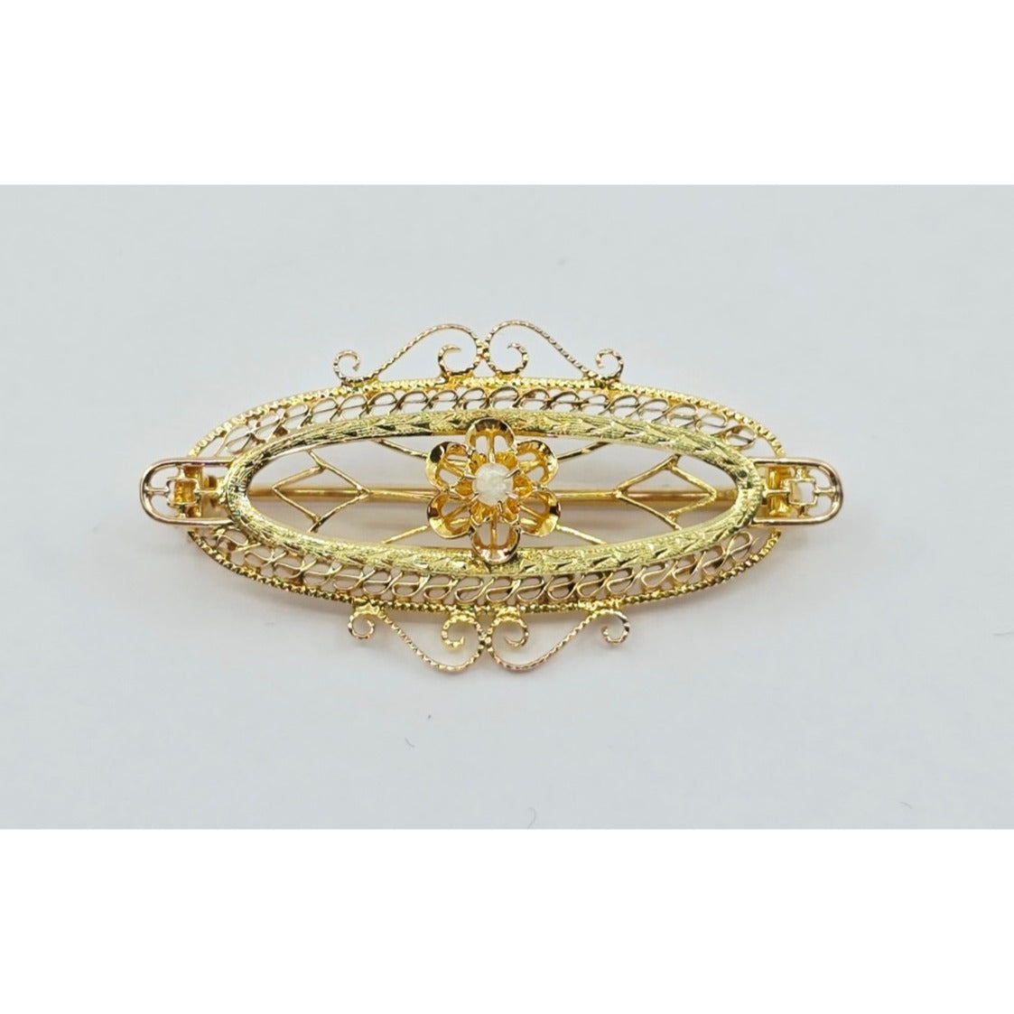 Vintage 10K Yellow Gold Round Pearl Brooch Pin