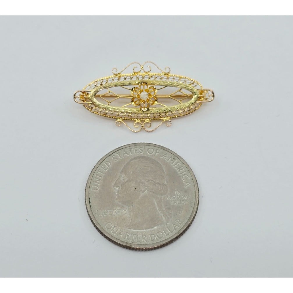 Vintage 10K Yellow Gold Round Pearl Brooch Pin