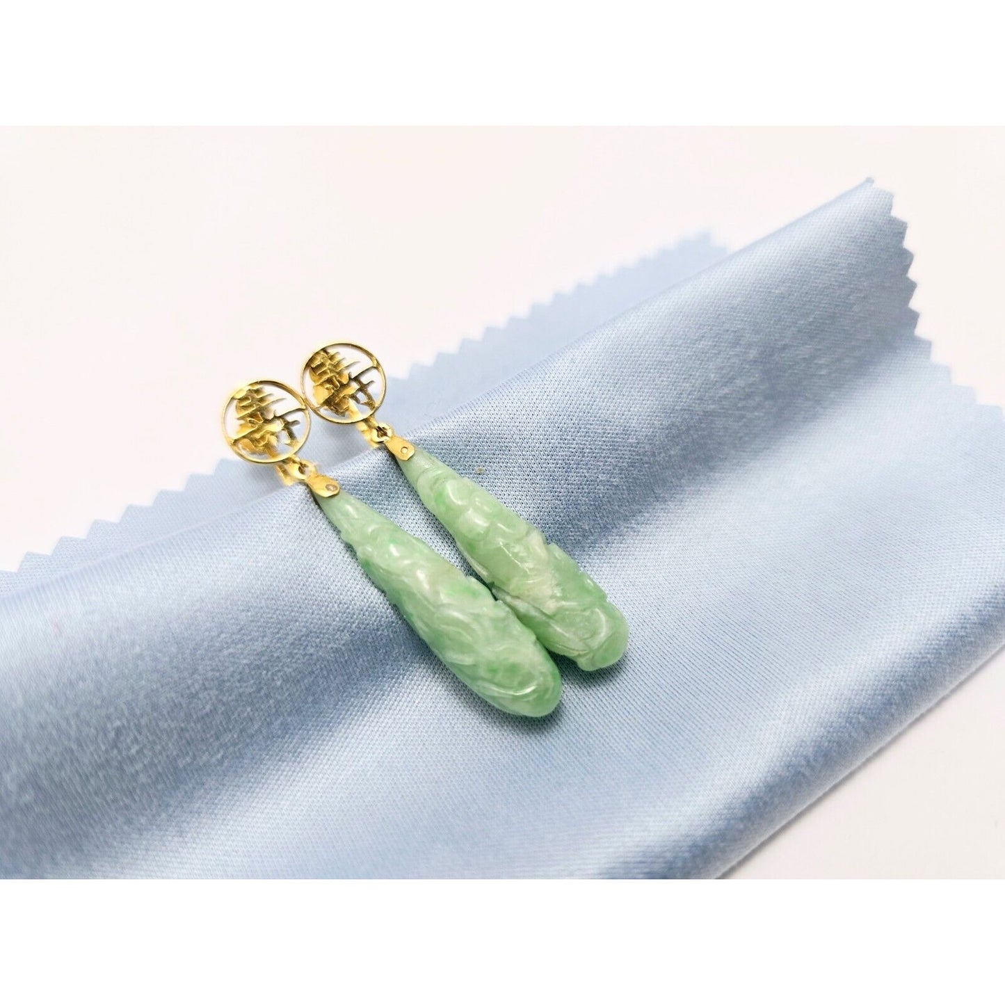 14K Yellow Gold Drop Dangle Non-Pierced Jade Jadeite Long Life Earrings