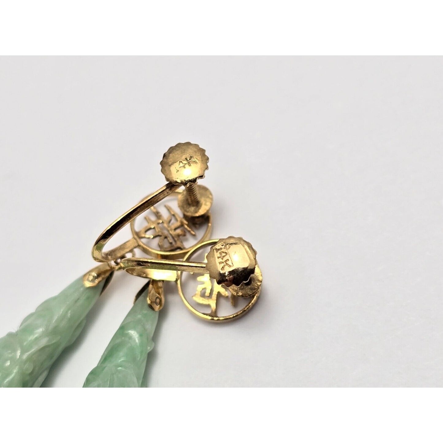 14K Yellow Gold Drop Dangle Non-Pierced Jade Jadeite Long Life Earrings
