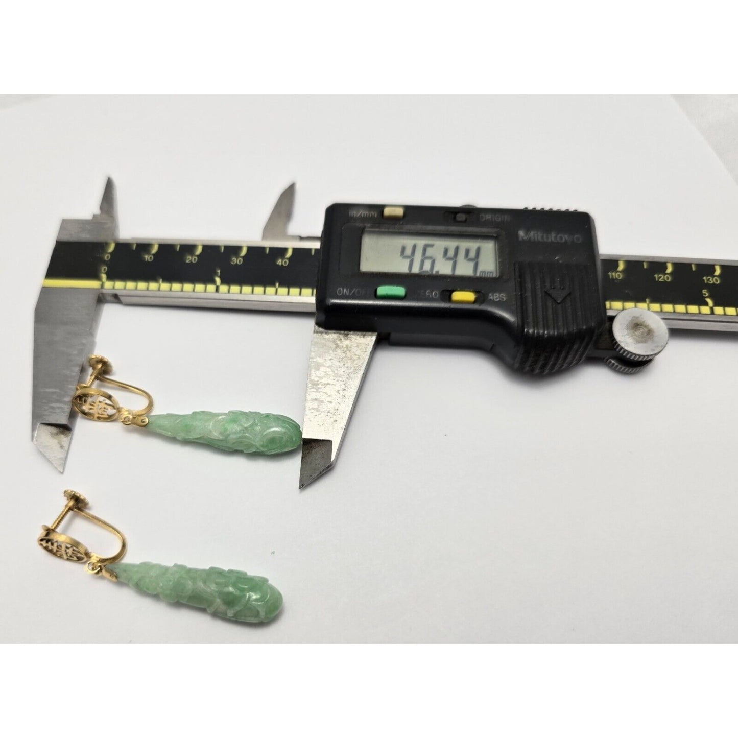 14K Yellow Gold Drop Dangle Non-Pierced Jade Jadeite Long Life Earrings