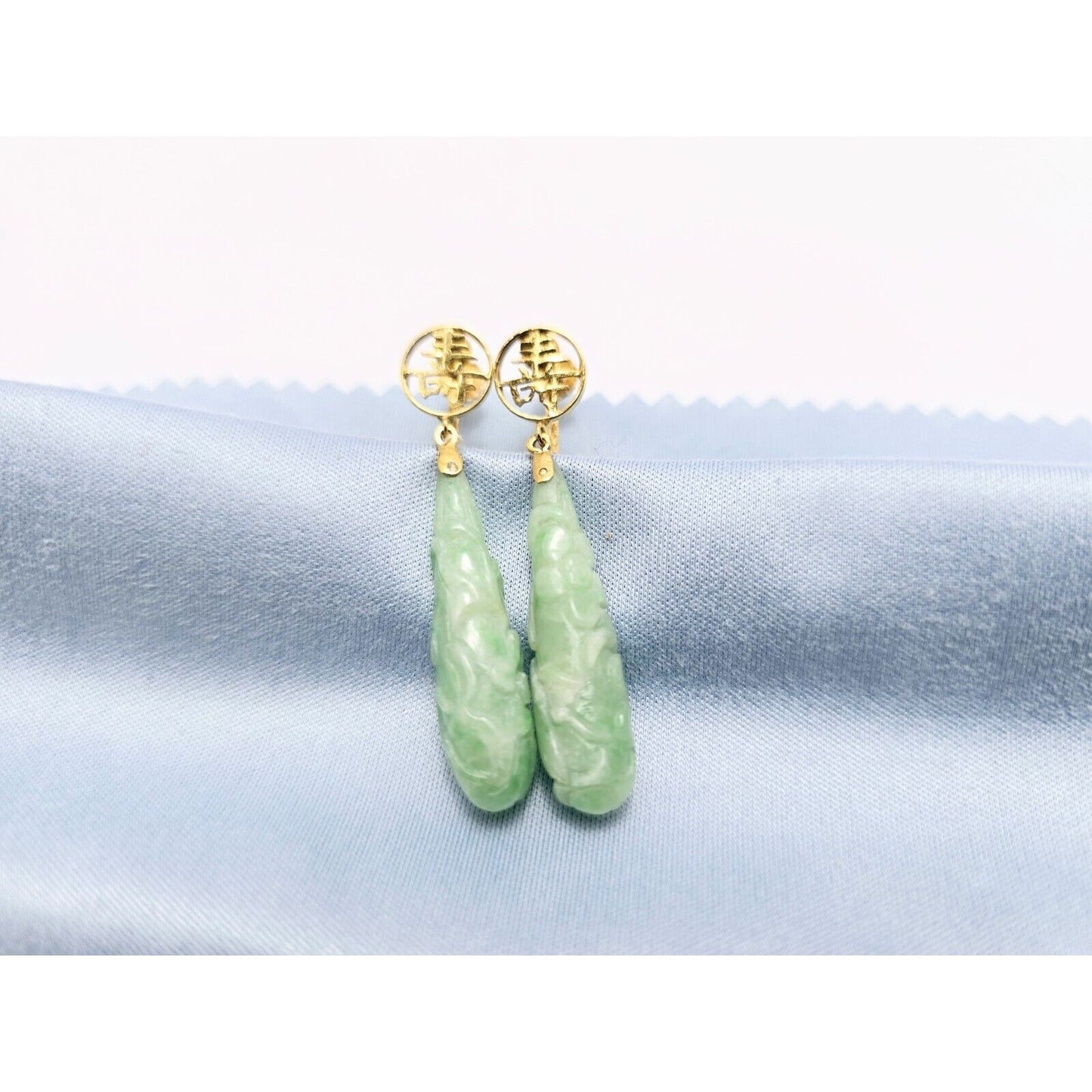 14K Yellow Gold Drop Dangle Non-Pierced Jade Jadeite Long Life Earrings