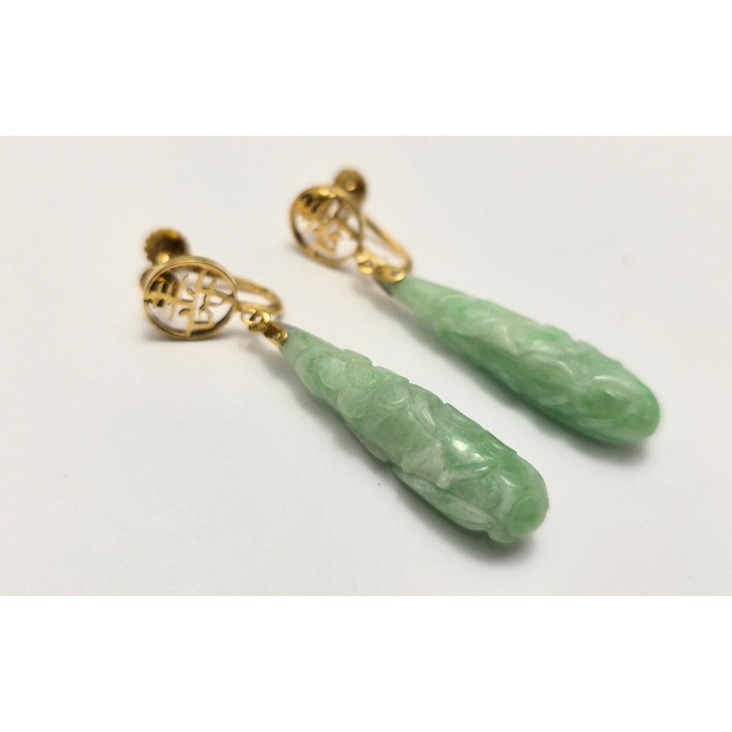 14K Yellow Gold Drop Dangle Non-Pierced Jade Jadeite Long Life Earrings