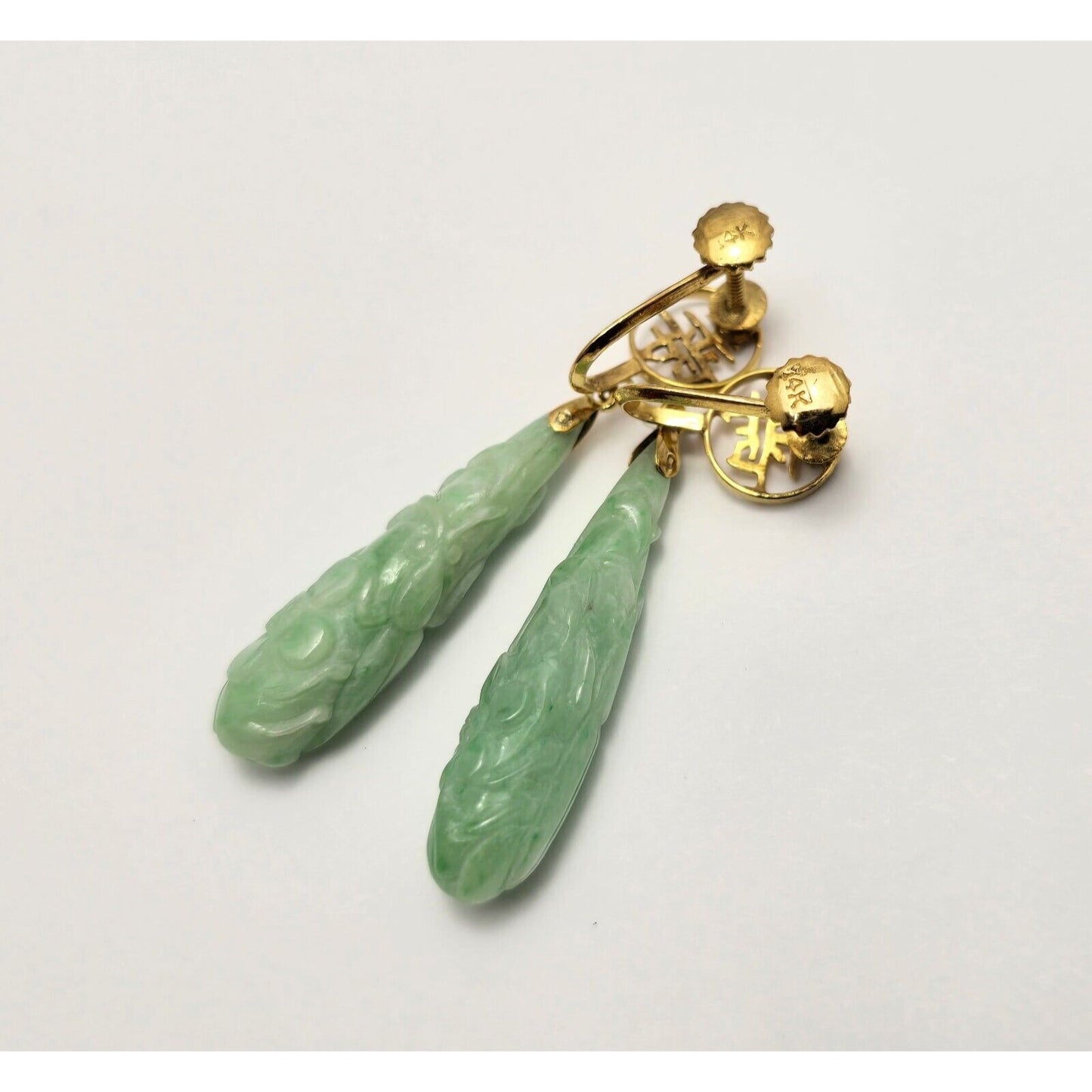 14K Yellow Gold Drop Dangle Non-Pierced Jade Jadeite Long Life Earrings