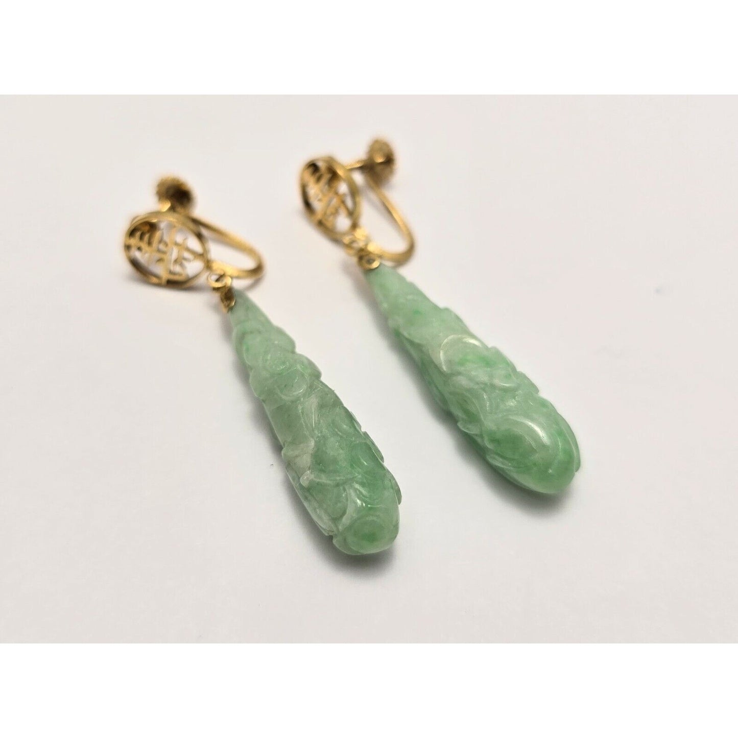 14K Yellow Gold Drop Dangle Non-Pierced Jade Jadeite Long Life Earrings