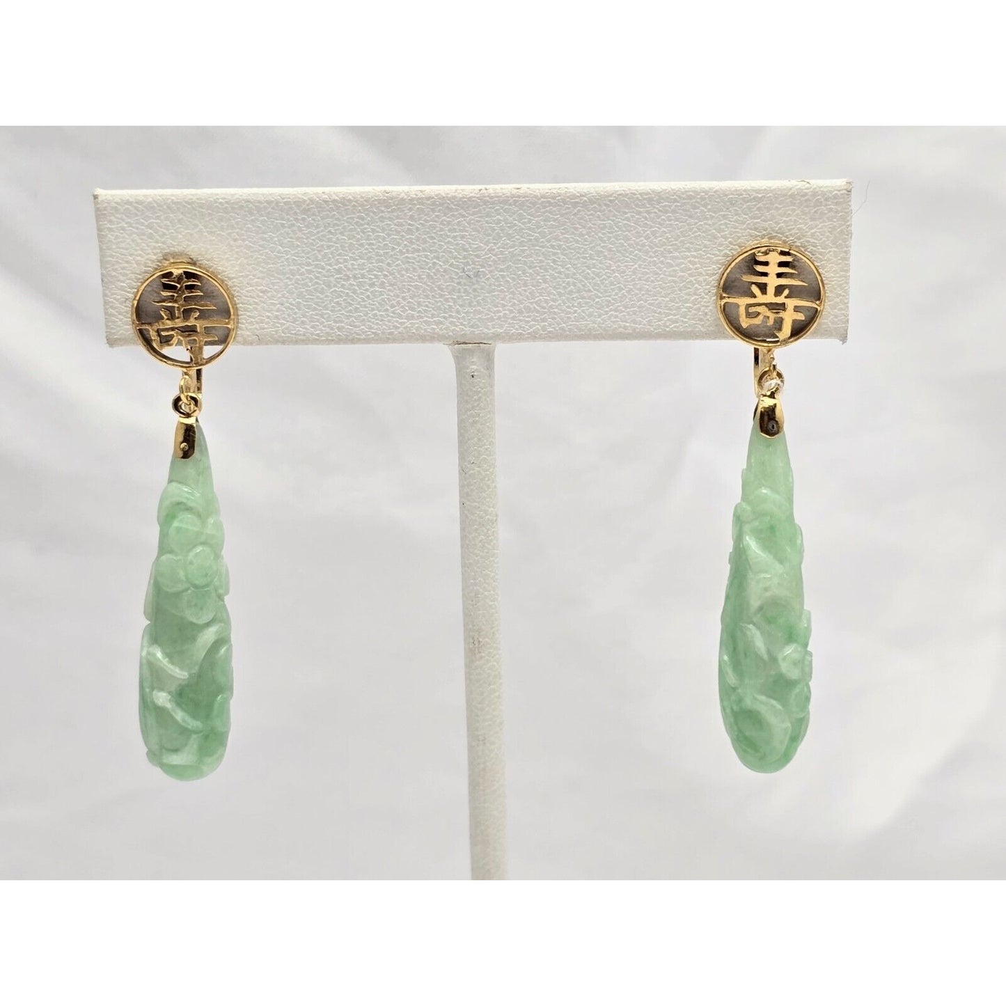 14K Yellow Gold Drop Dangle Non-Pierced Jade Jadeite Long Life Earrings