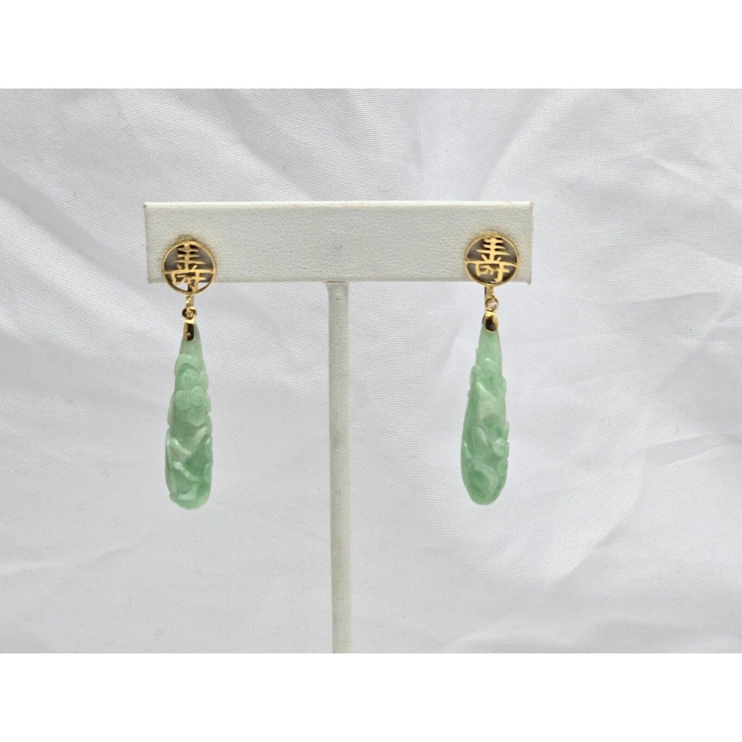 14K Yellow Gold Drop Dangle Non-Pierced Jade Jadeite Long Life Earrings