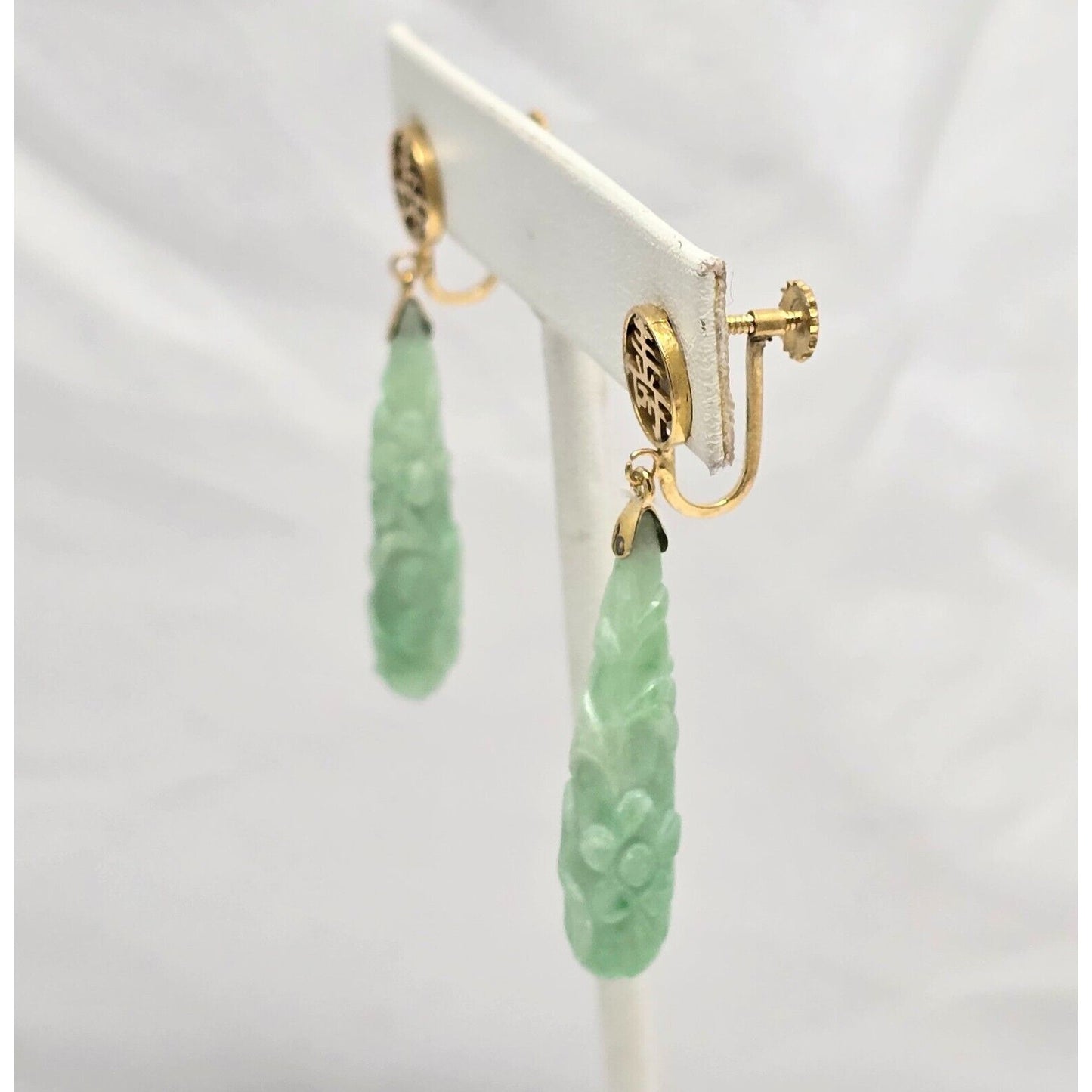 14K Yellow Gold Drop Dangle Non-Pierced Jade Jadeite Long Life Earrings