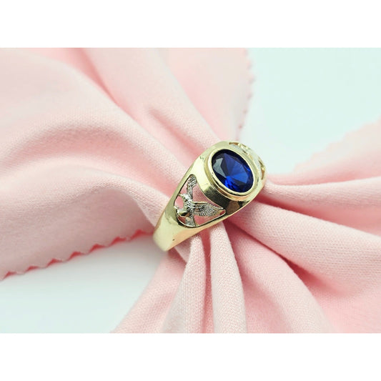 14K Yellow Gold Synthetic Sapphire Eagle Ring