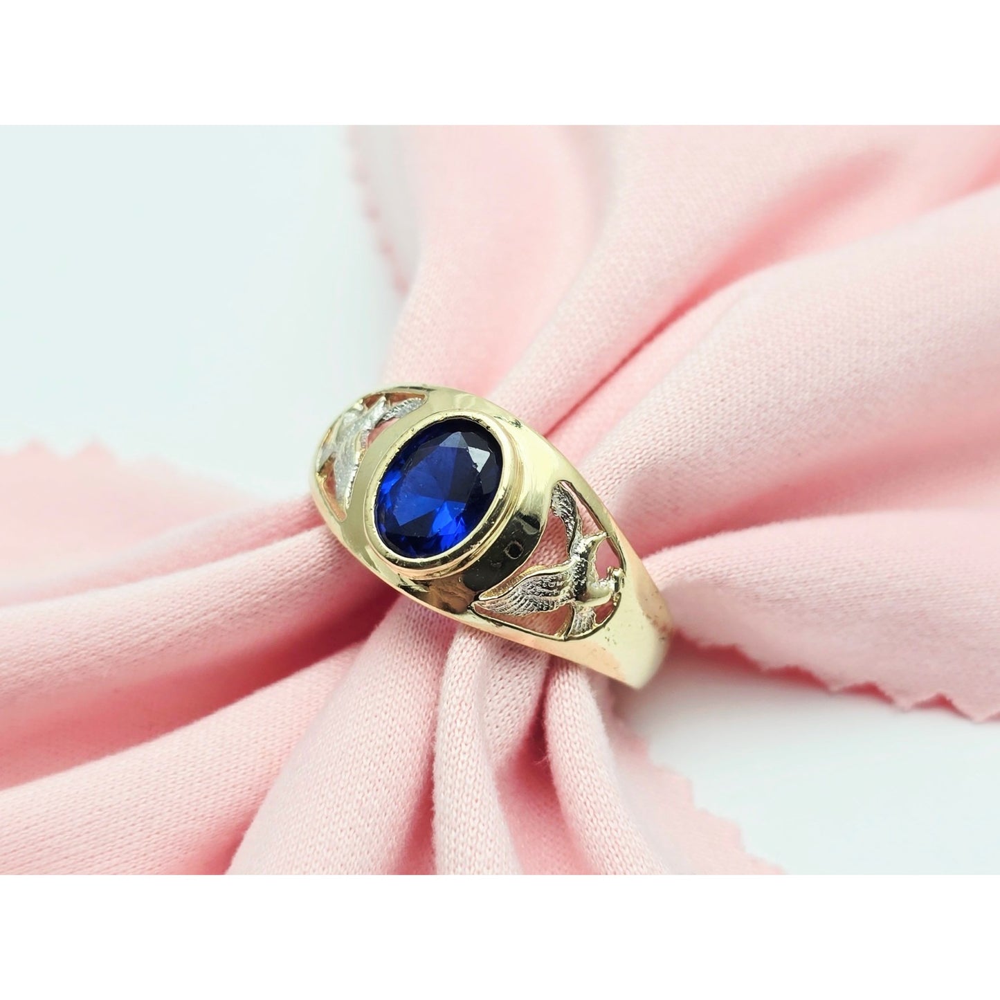 14K Yellow Gold Synthetic Sapphire Eagle Ring
