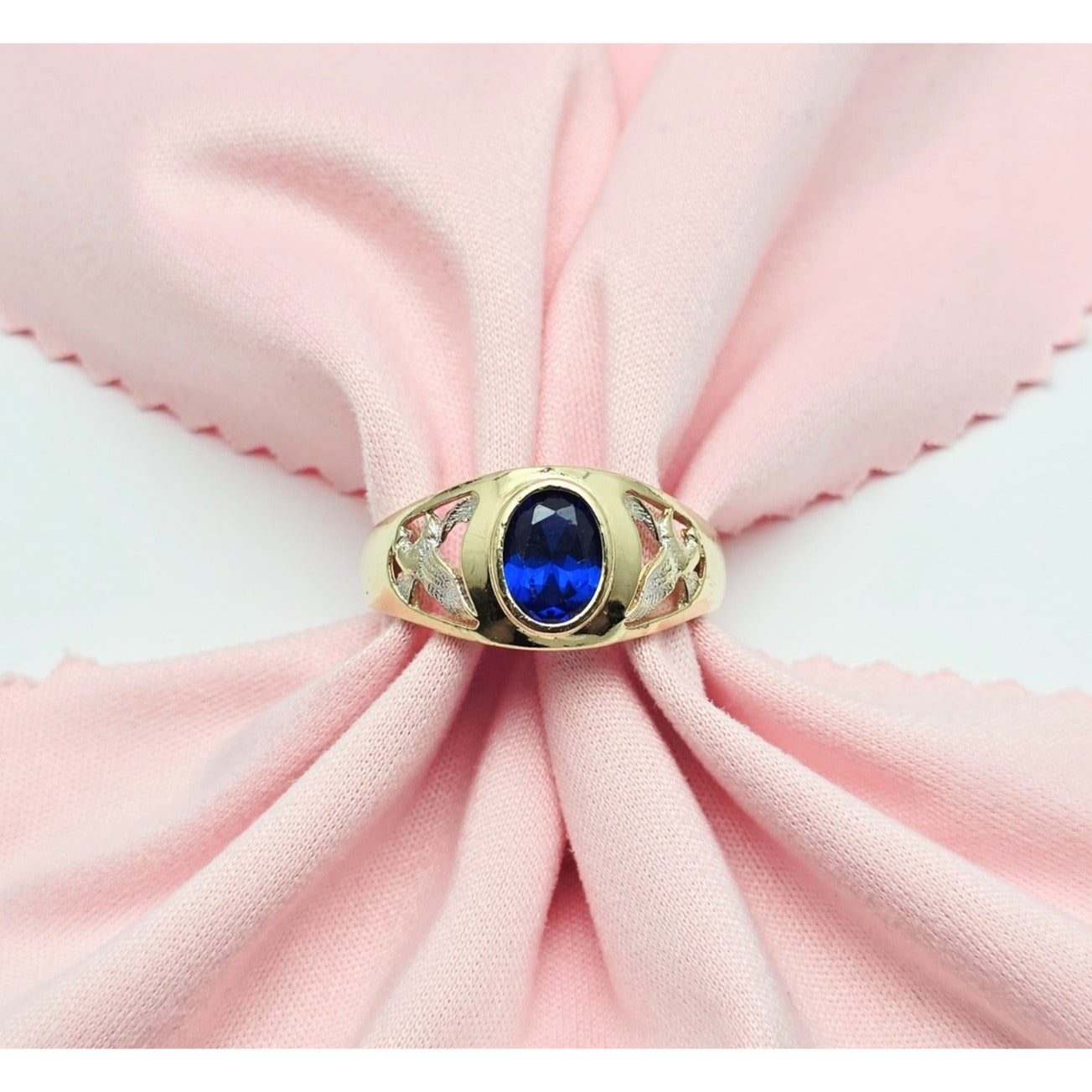 14K Yellow Gold Synthetic Sapphire Eagle Ring