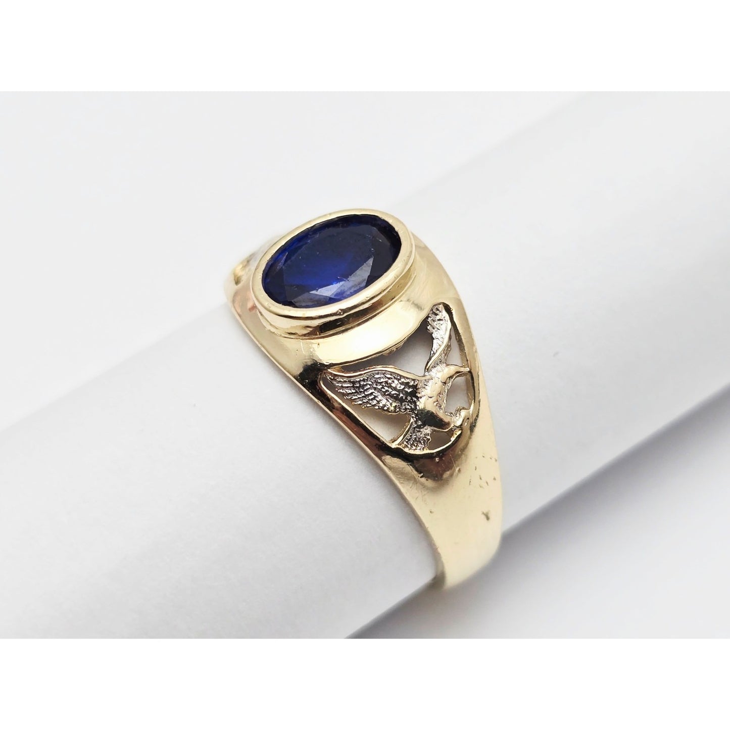 14K Yellow Gold Synthetic Sapphire Eagle Ring