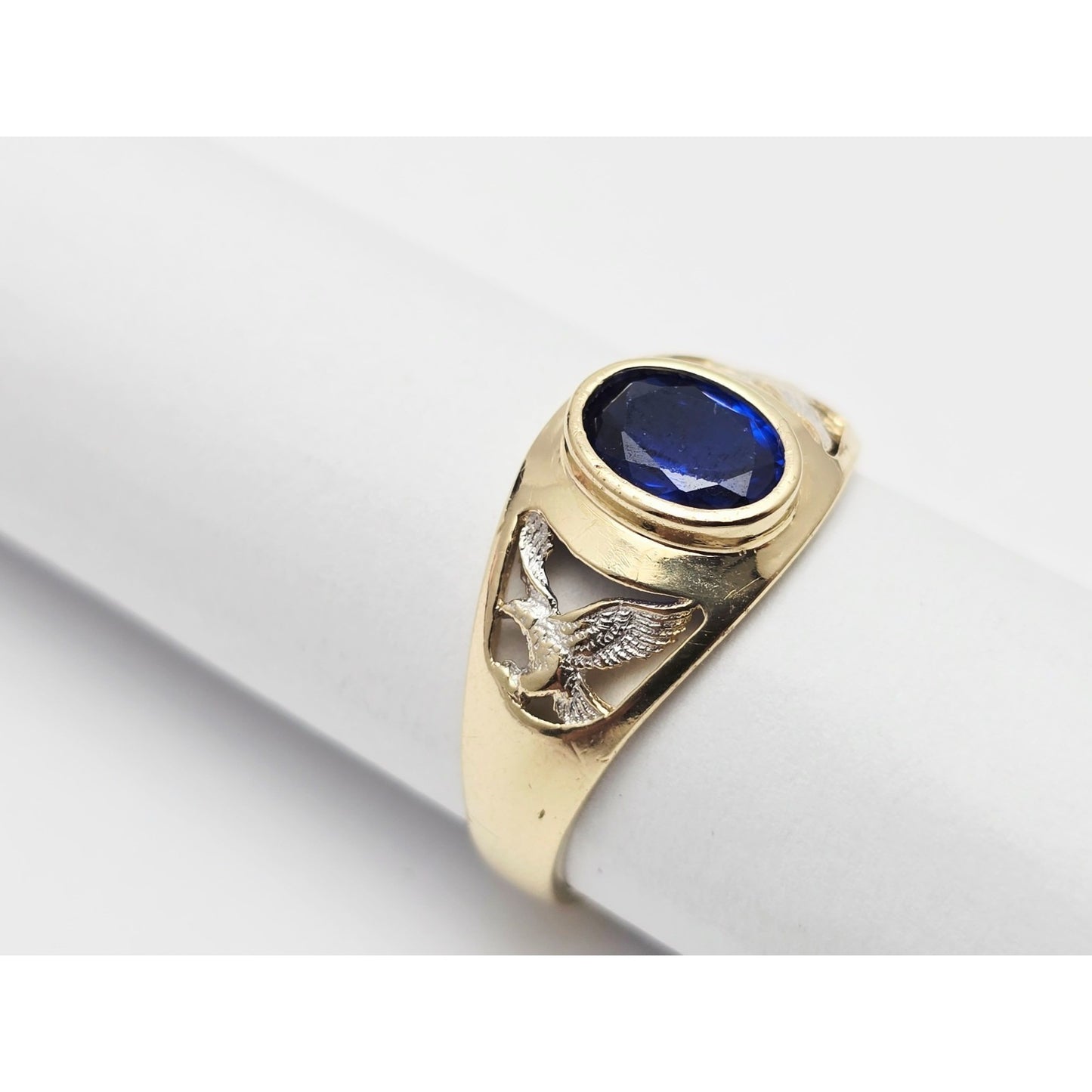 14K Yellow Gold Synthetic Sapphire Eagle Ring