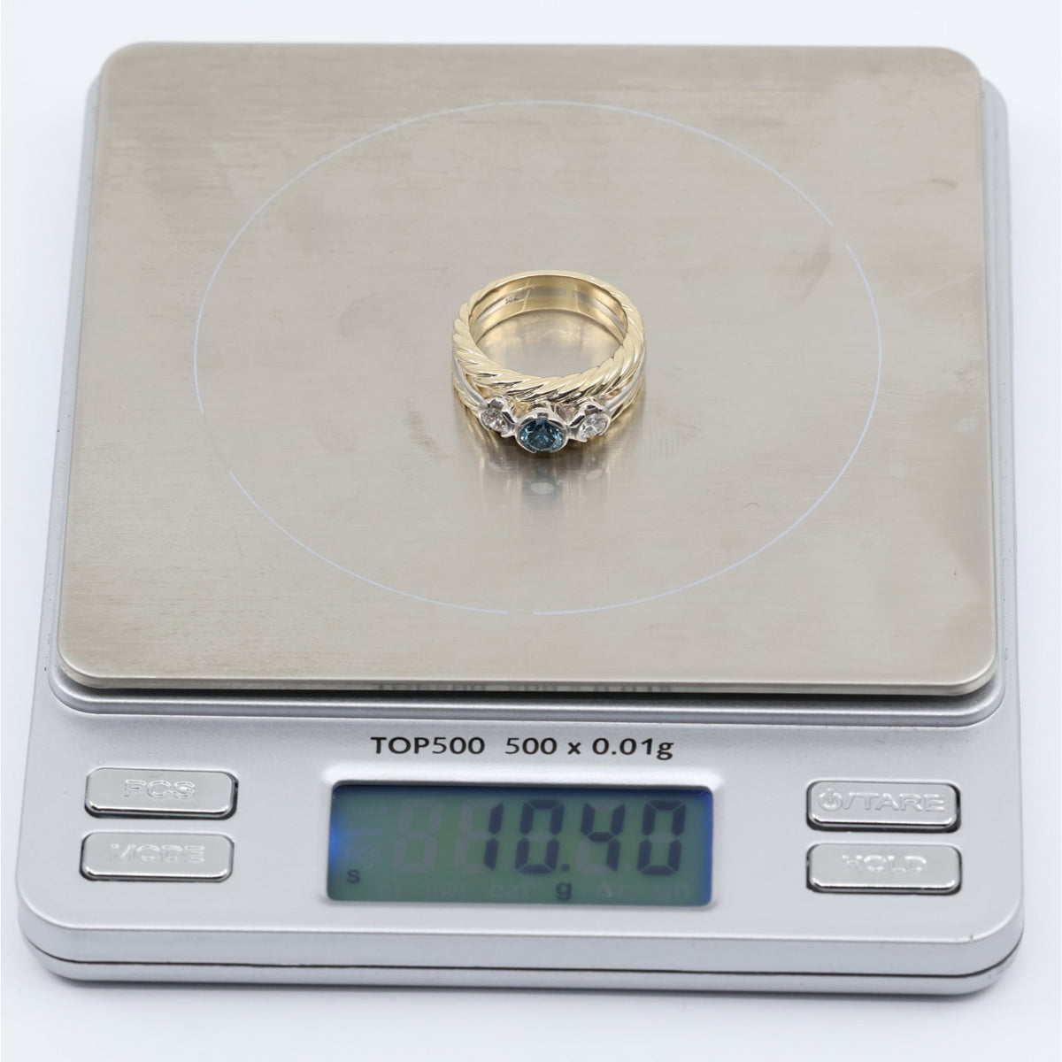 14K Two Tone Gold Greenish Blue & White Diamond Three Stone Ring