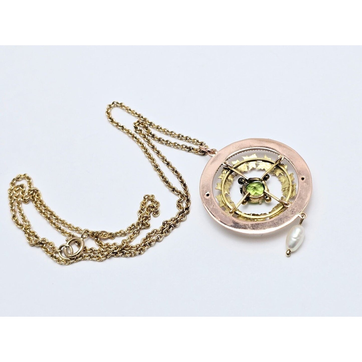 Vintage 9K Two Tone Gold Peridot & Pearl Round Charm Pendant Cable Link Necklace