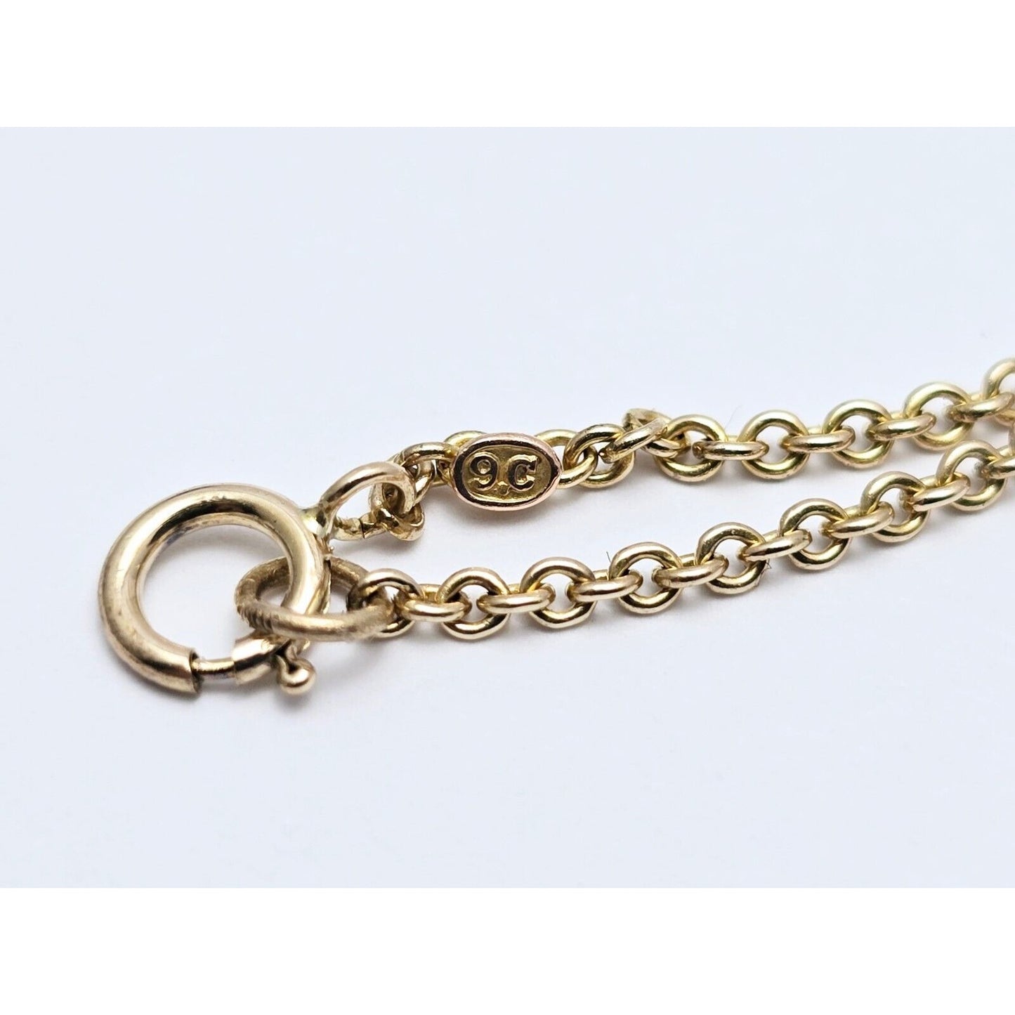 Vintage 9K Two Tone Gold Peridot & Pearl Round Charm Pendant Cable Link Necklace