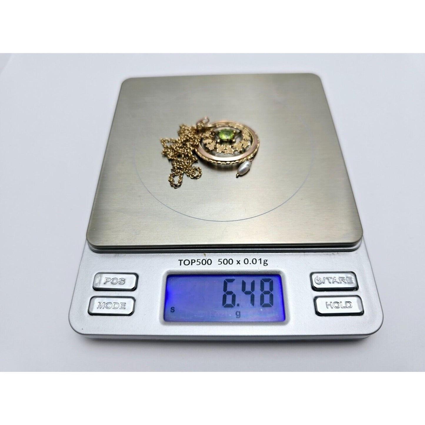 Vintage 9K Two Tone Gold Peridot & Pearl Round Charm Pendant Cable Link Necklace