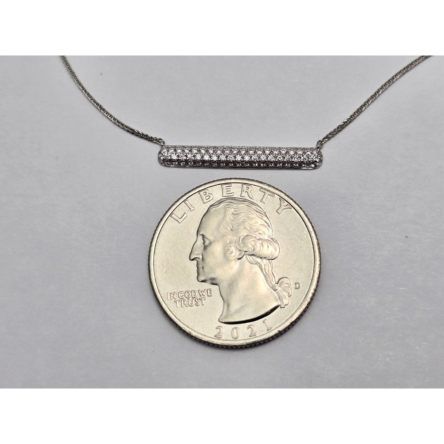 18K White Gold Resizable Link Chain Necklace & Diamond Bar Charm Pendant