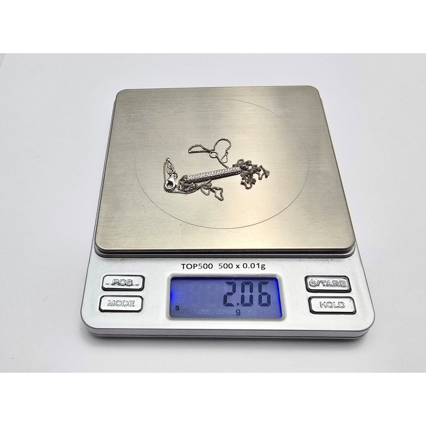 18K White Gold Resizable Link Chain Necklace & Diamond Bar Charm Pendant