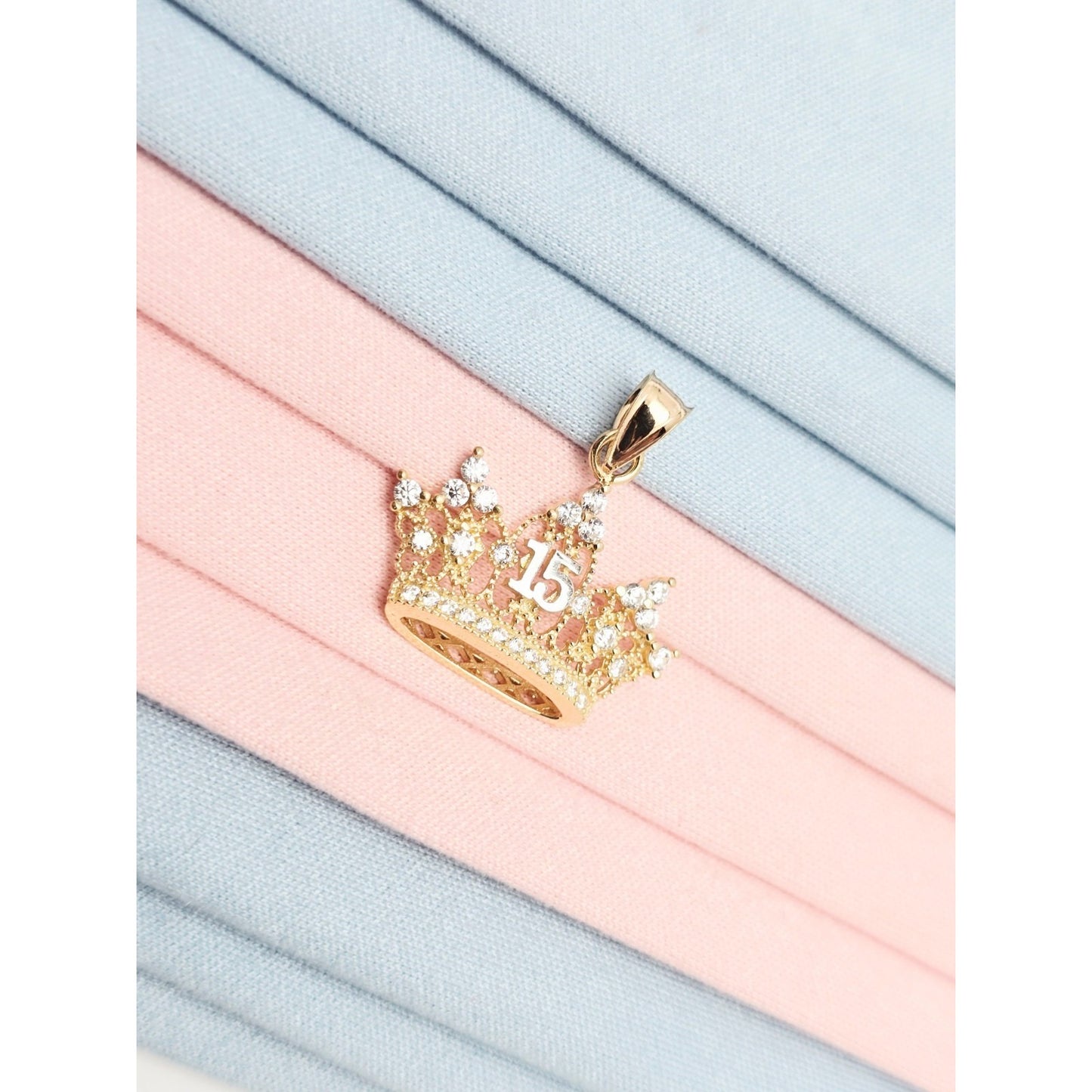 14K Two Tone Gold CZ Quinceanera Crown Tiara 15 Pendant Charm