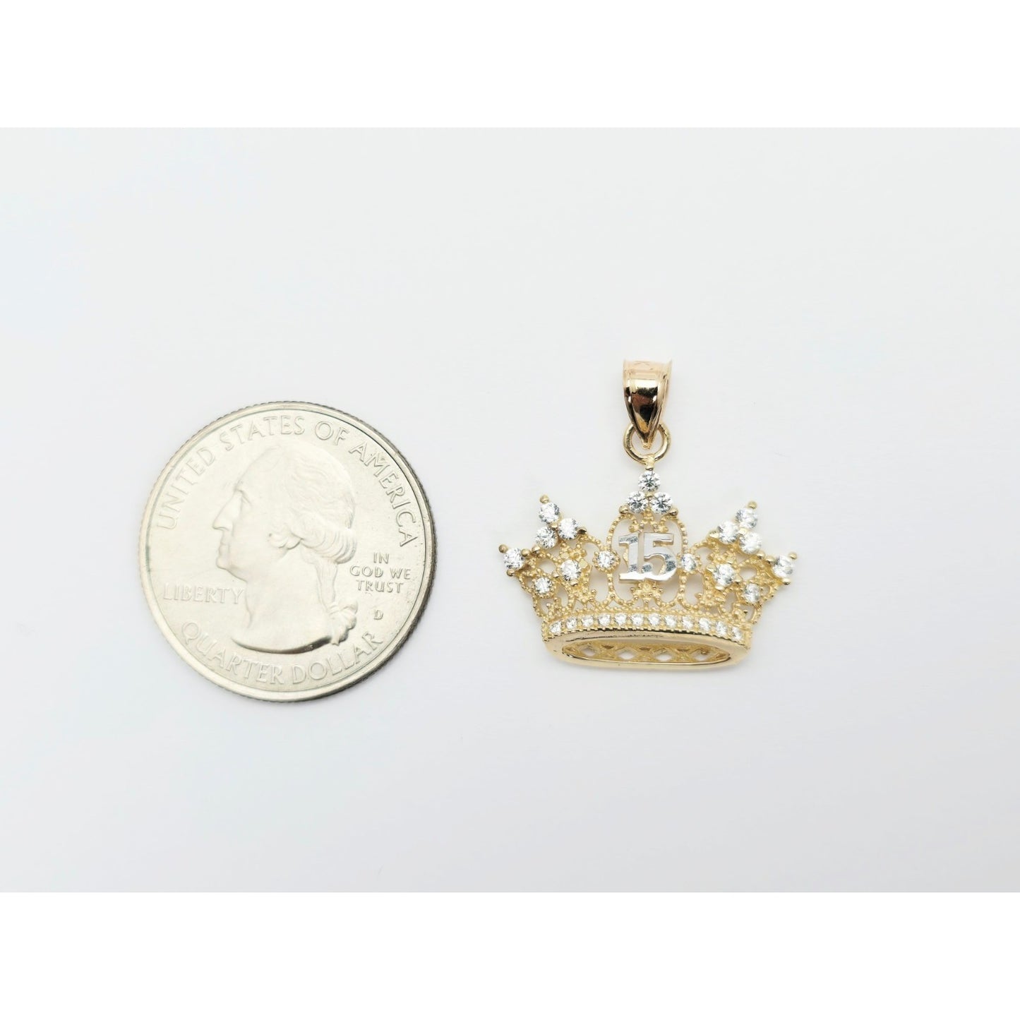 14K Two Tone Gold CZ Quinceanera Crown Tiara 15 Pendant Charm