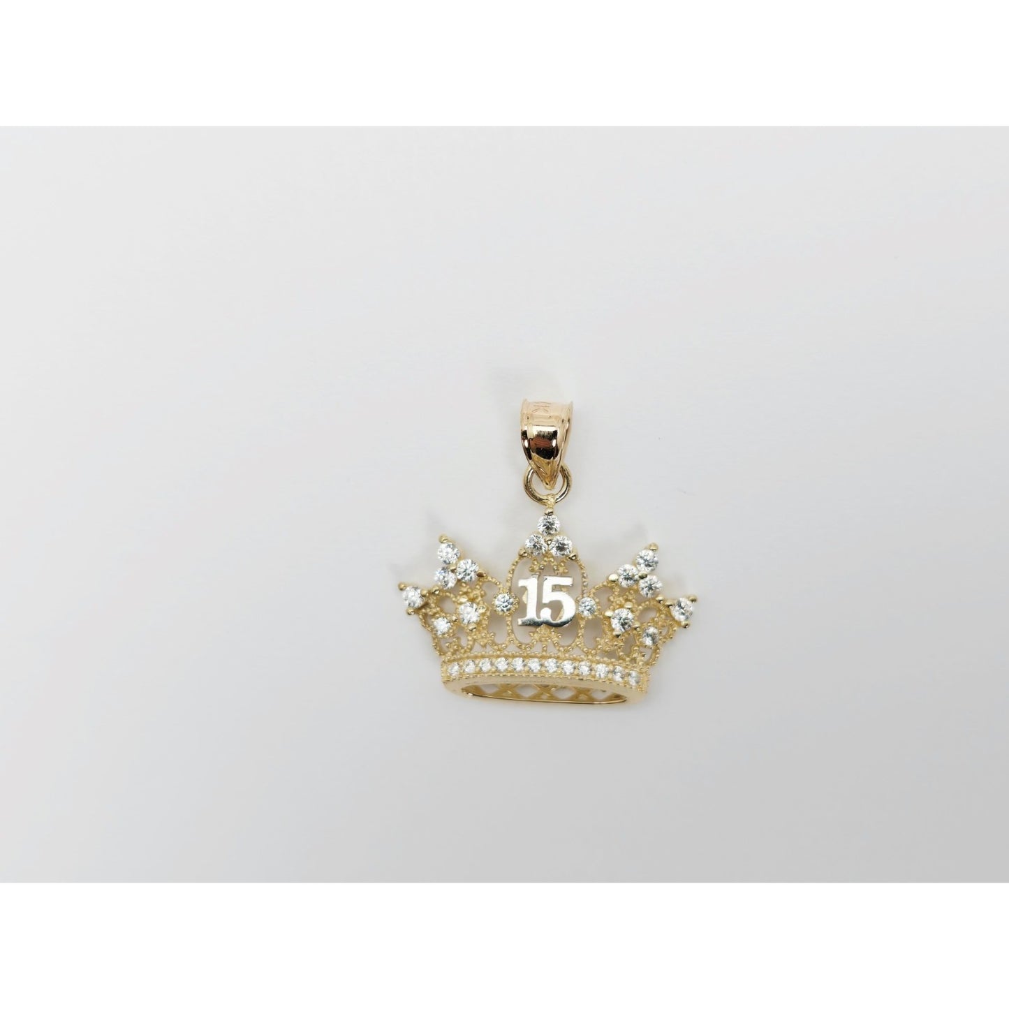 14K Two Tone Gold CZ Quinceanera Crown Tiara 15 Pendant Charm