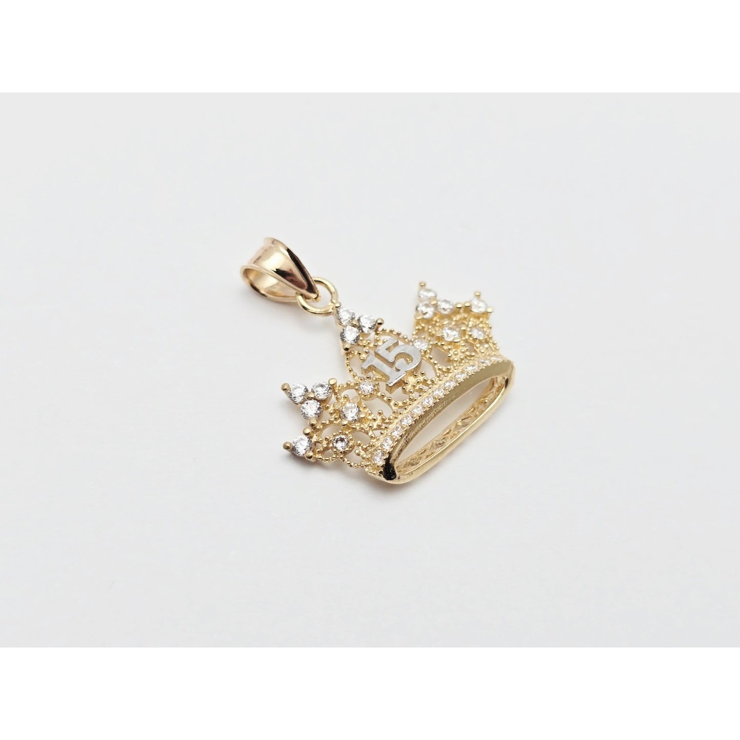14K Two Tone Gold CZ Quinceanera Crown Tiara 15 Pendant Charm