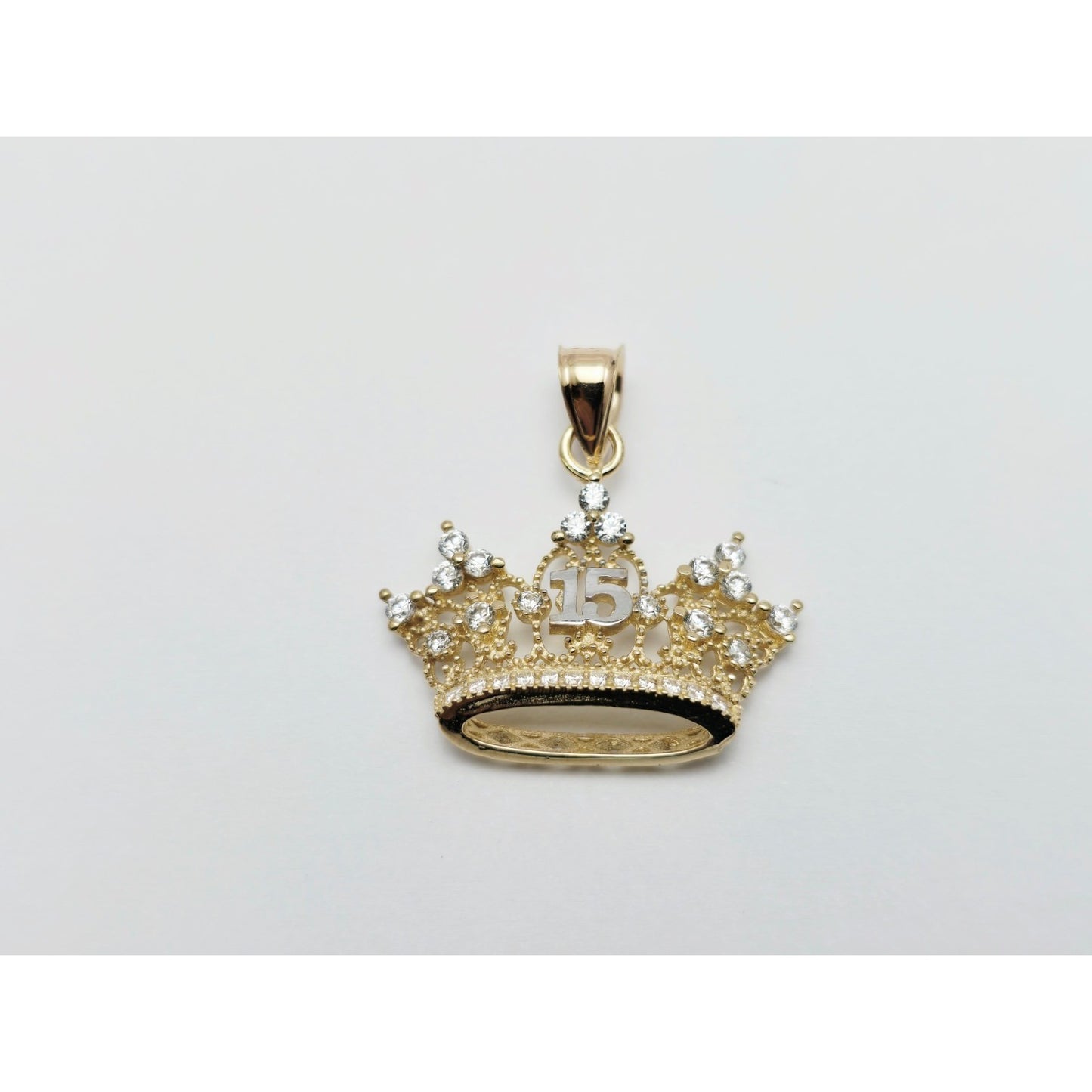 14K Two Tone Gold CZ Quinceanera Crown Tiara 15 Pendant Charm
