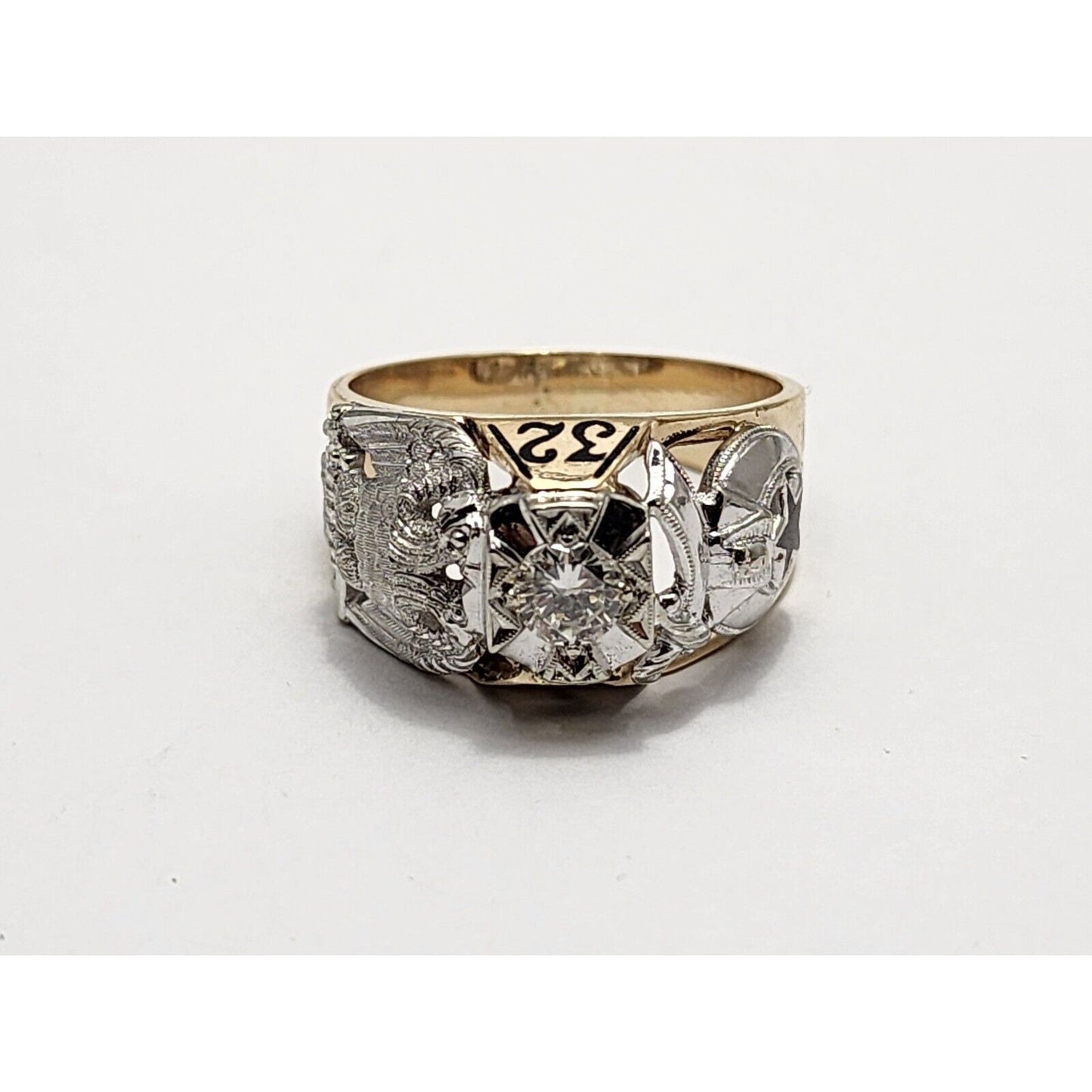 14K Two Tone Gold Masonic Double Headed Eagle 32nd Degree Diamond Ring