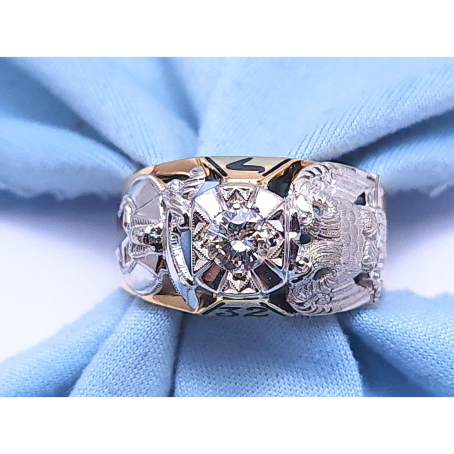 14K Two Tone Gold Masonic Double Headed Eagle 32nd Degree Diamond Ring