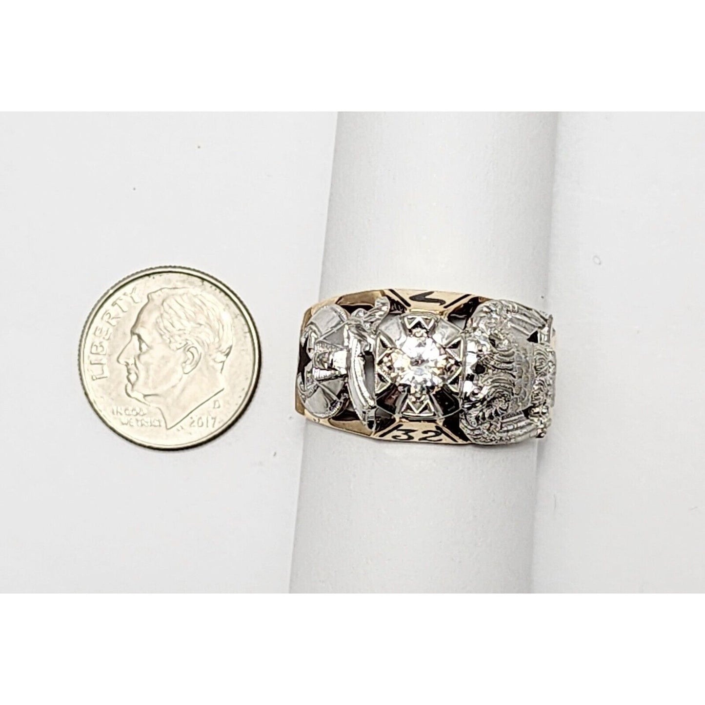 14K Two Tone Gold Masonic Double Headed Eagle 32nd Degree Diamond Ring