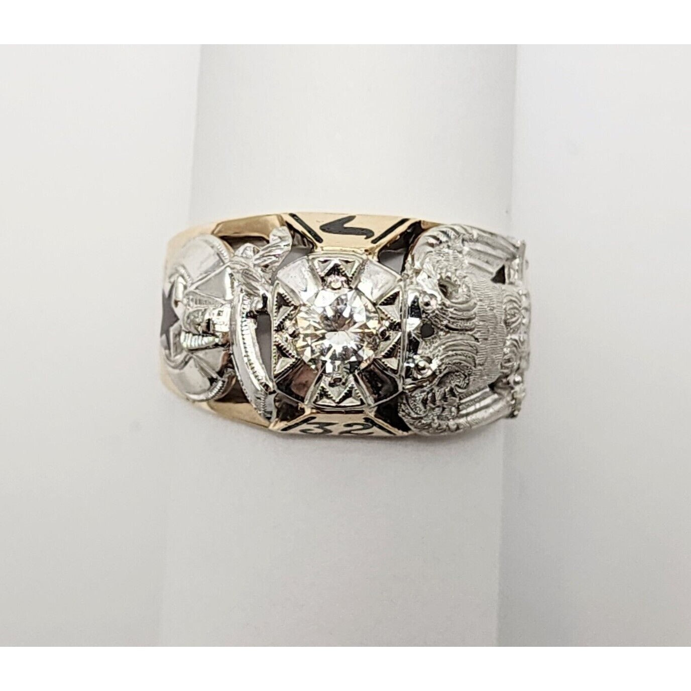 14K Two Tone Gold Masonic Double Headed Eagle 32nd Degree Diamond Ring