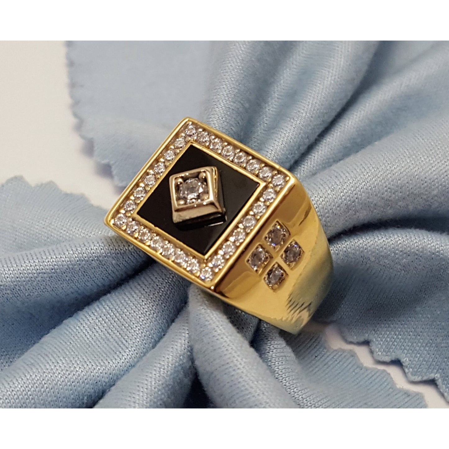 14K Two Tone Gold Onyx & CZ Men's Ring