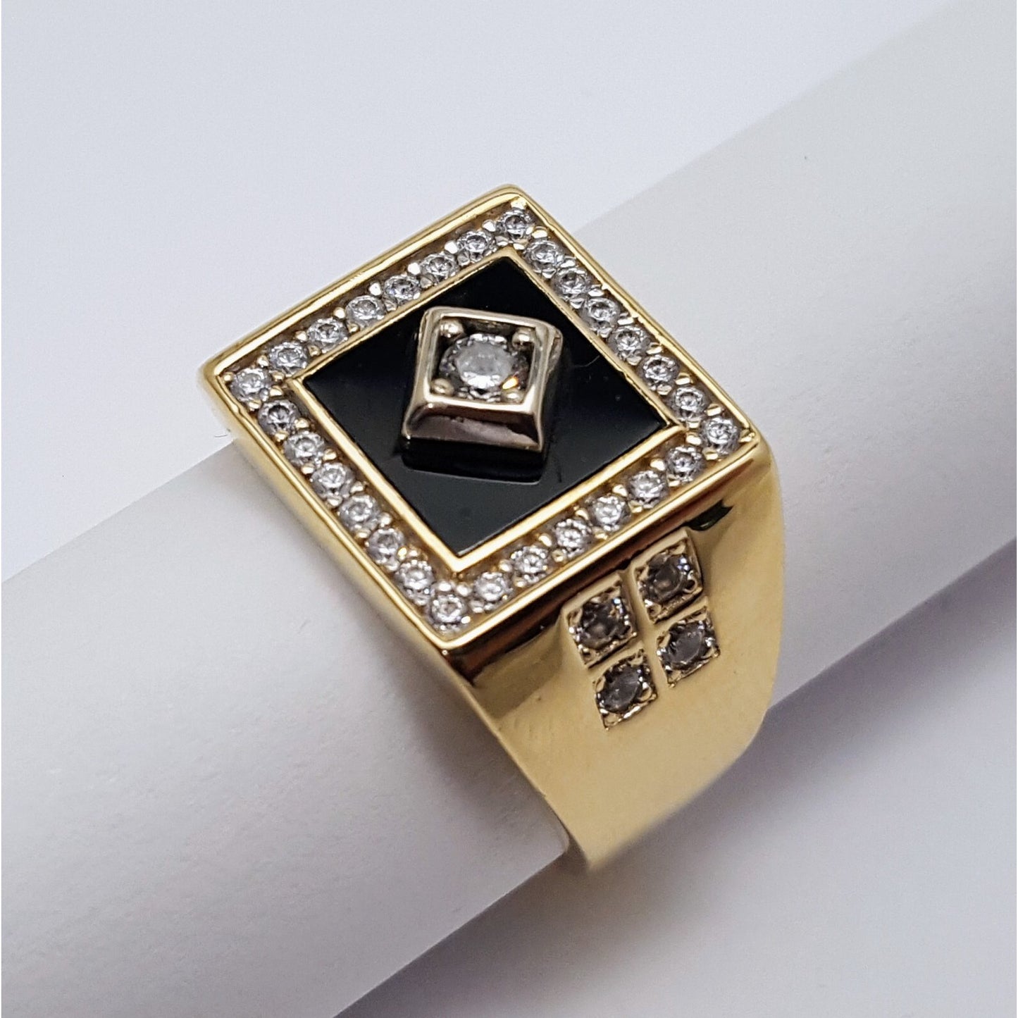 14K Two Tone Gold Onyx & CZ Men's Ring