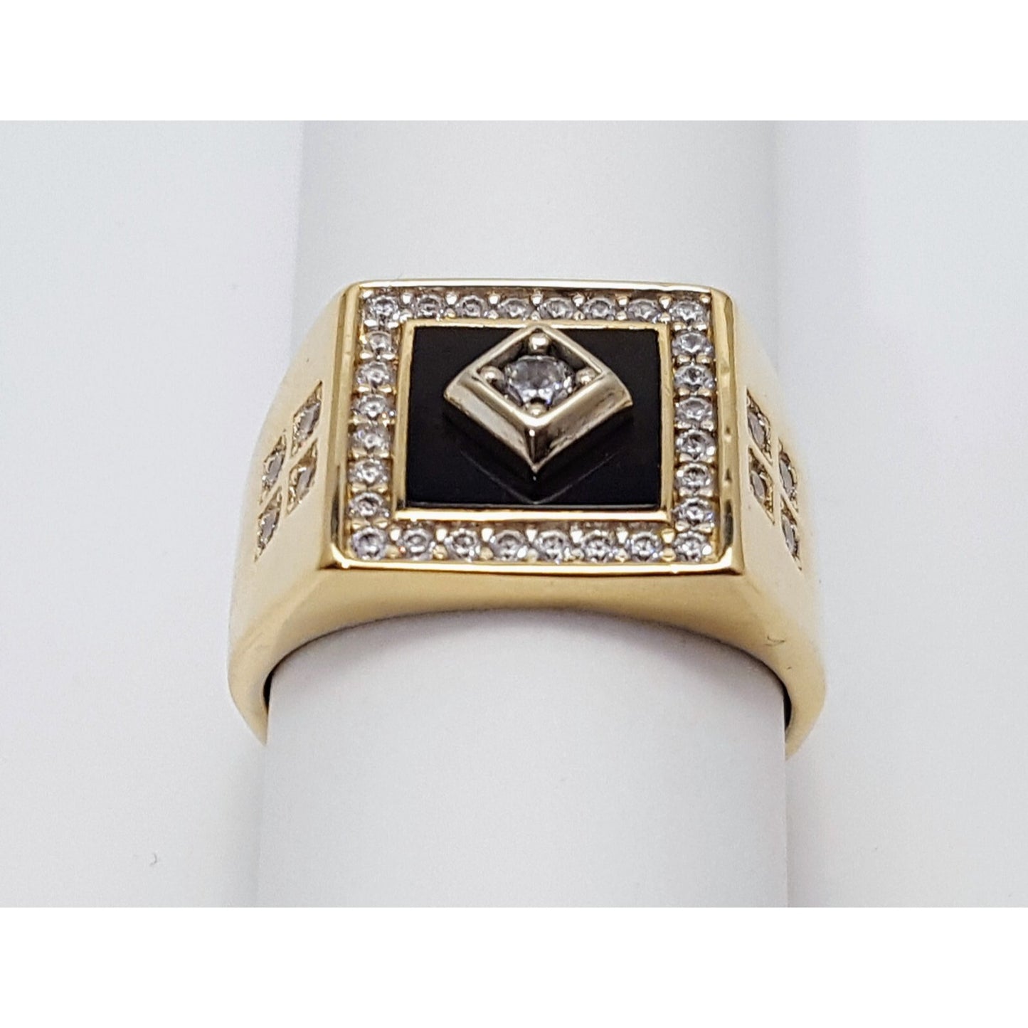 14K Two Tone Gold Onyx & CZ Men's Ring