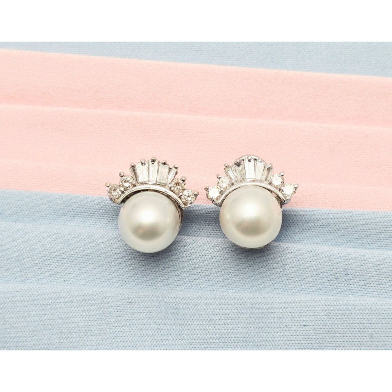 18K White Gold Pearl, Baguette & Round Cut Diamond French Clip Earrings