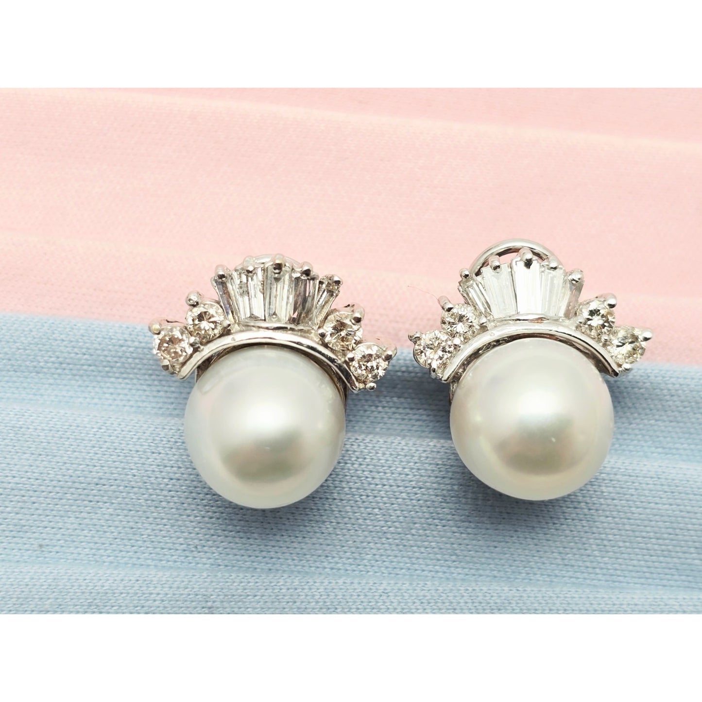 18K White Gold Pearl, Baguette & Round Cut Diamond French Clip Earrings