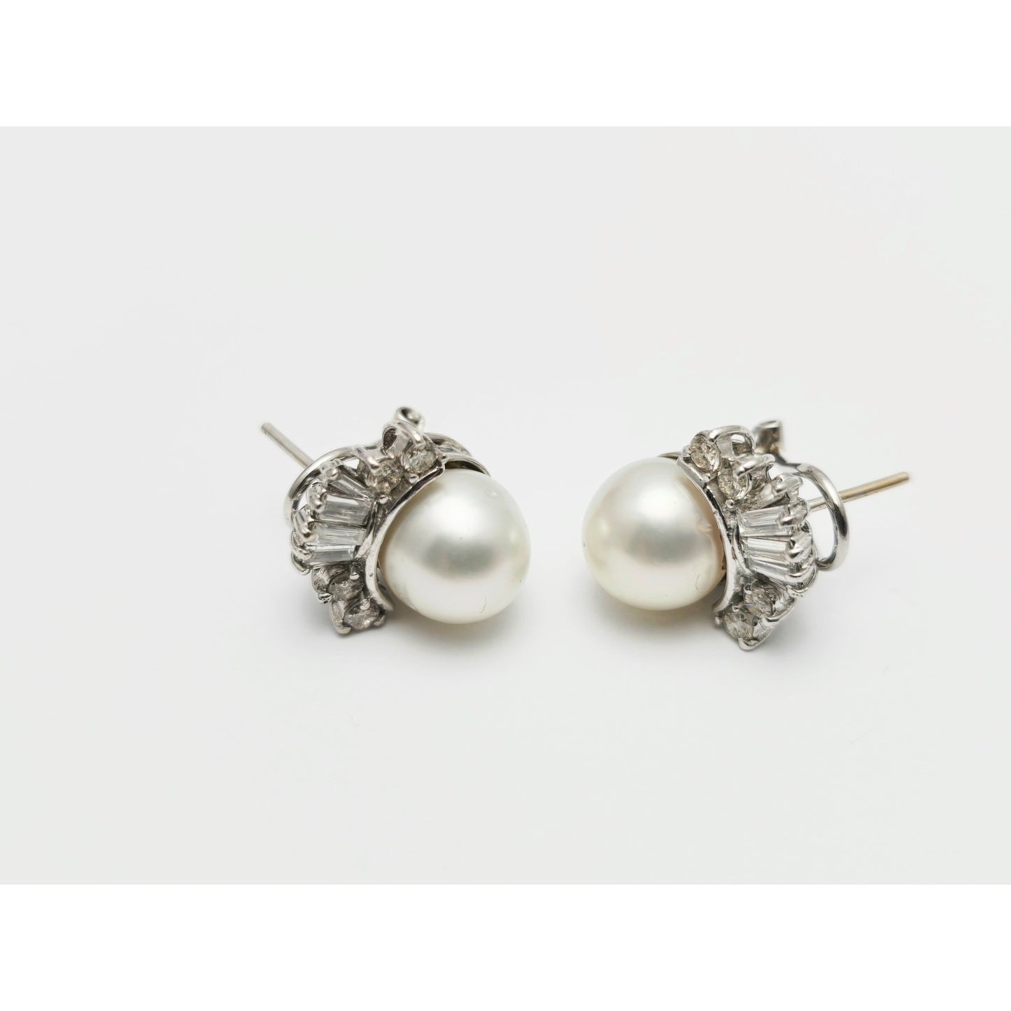 18K White Gold Pearl, Baguette & Round Cut Diamond French Clip Earrings