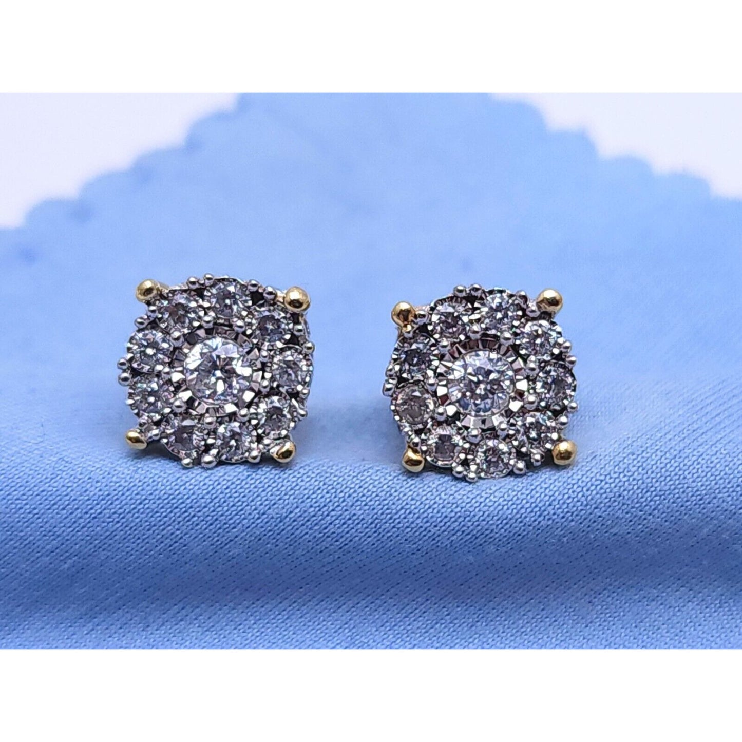 10K Two Tone Gold Round Diamond Flower Stud Earrings