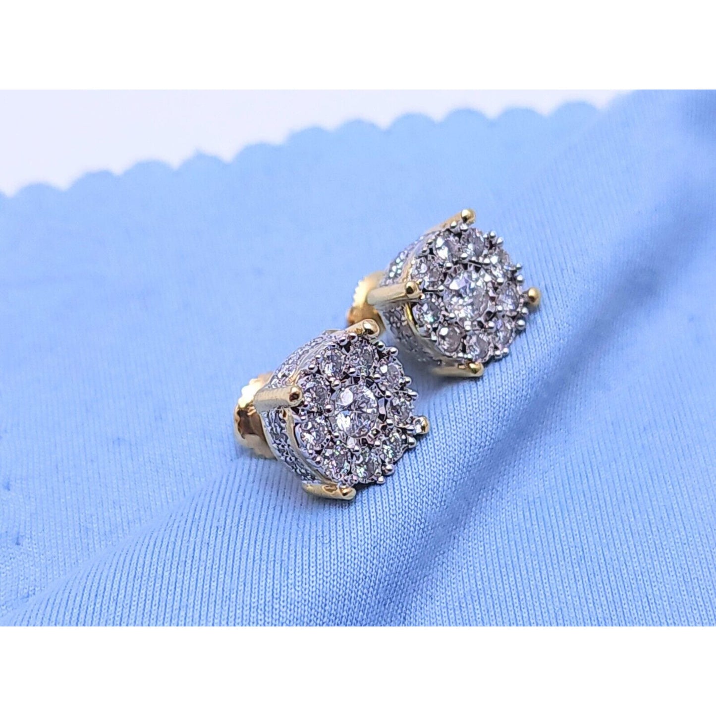10K Two Tone Gold Round Diamond Flower Stud Earrings
