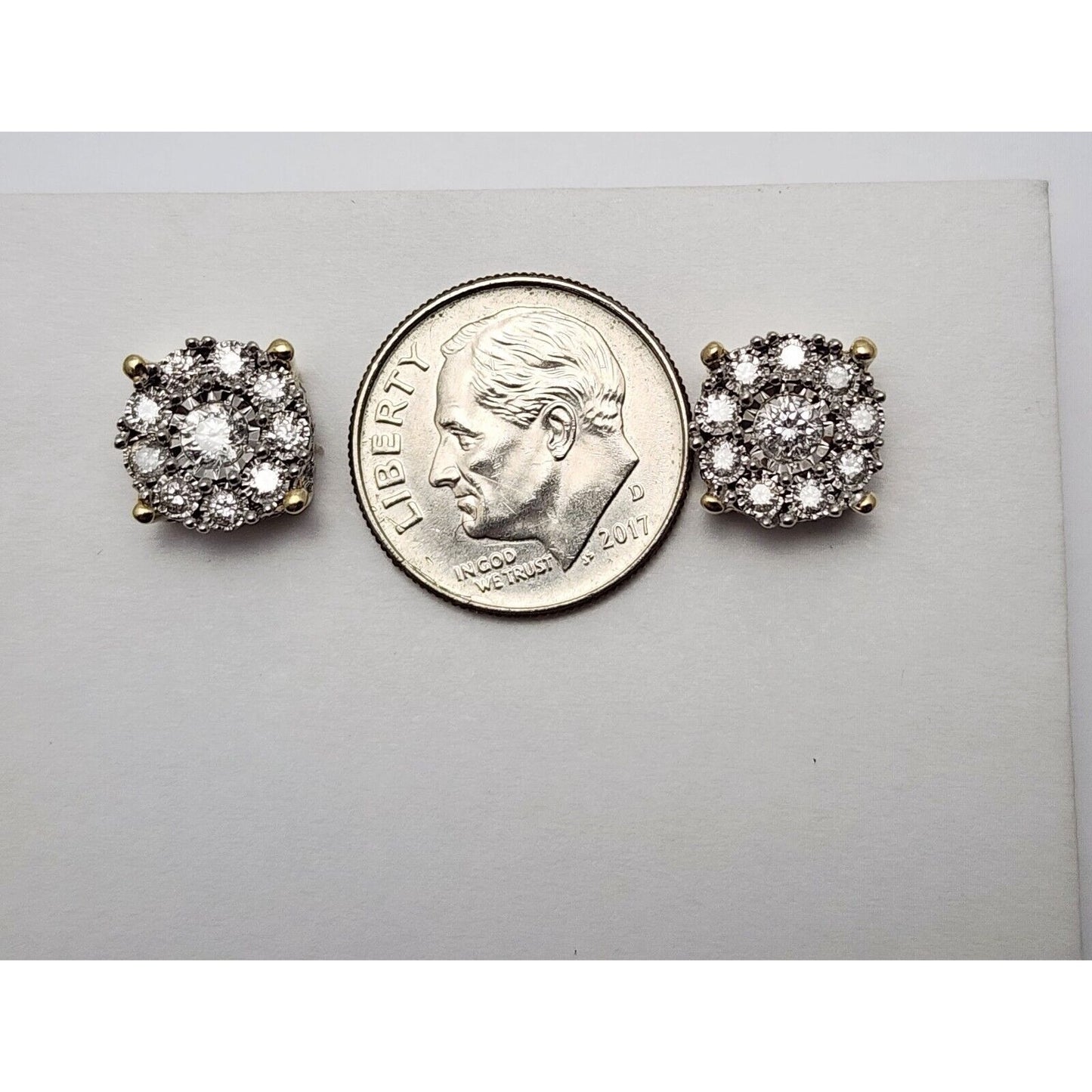 10K Two Tone Gold Round Diamond Flower Stud Earrings