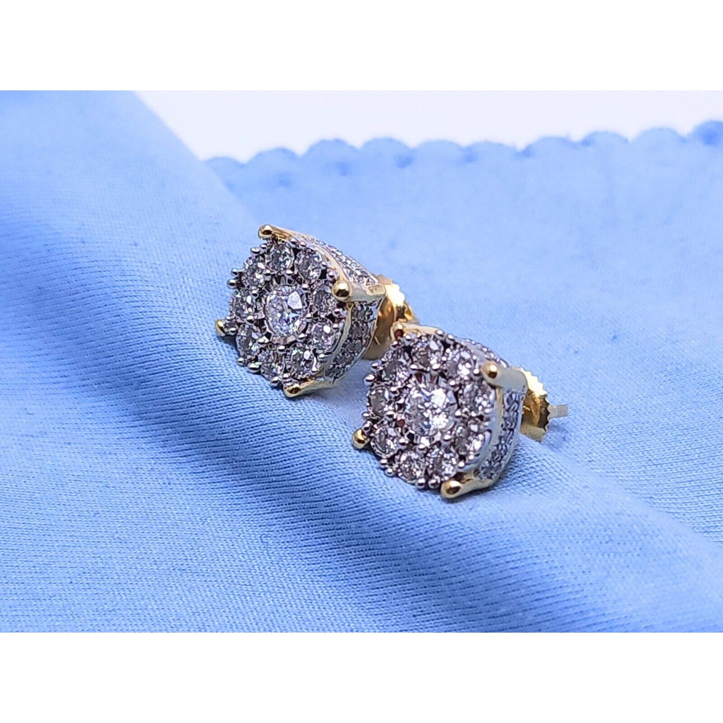 10K Two Tone Gold Round Diamond Flower Stud Earrings