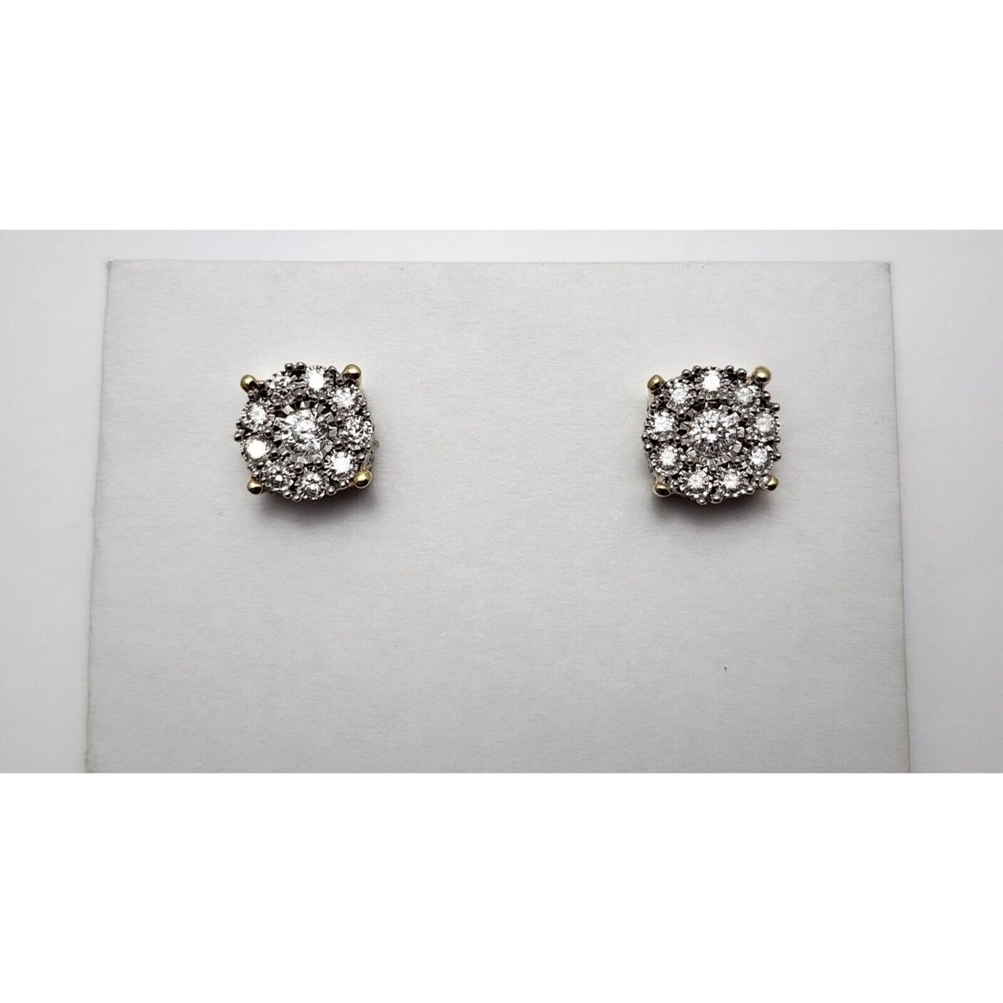 10K Two Tone Gold Round Diamond Flower Stud Earrings